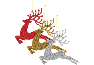 FAMILY CHRISTMAS Karácsonyi dísz - glitteres rénszarvas - piros/ezüst/arany - 4 db / csomag