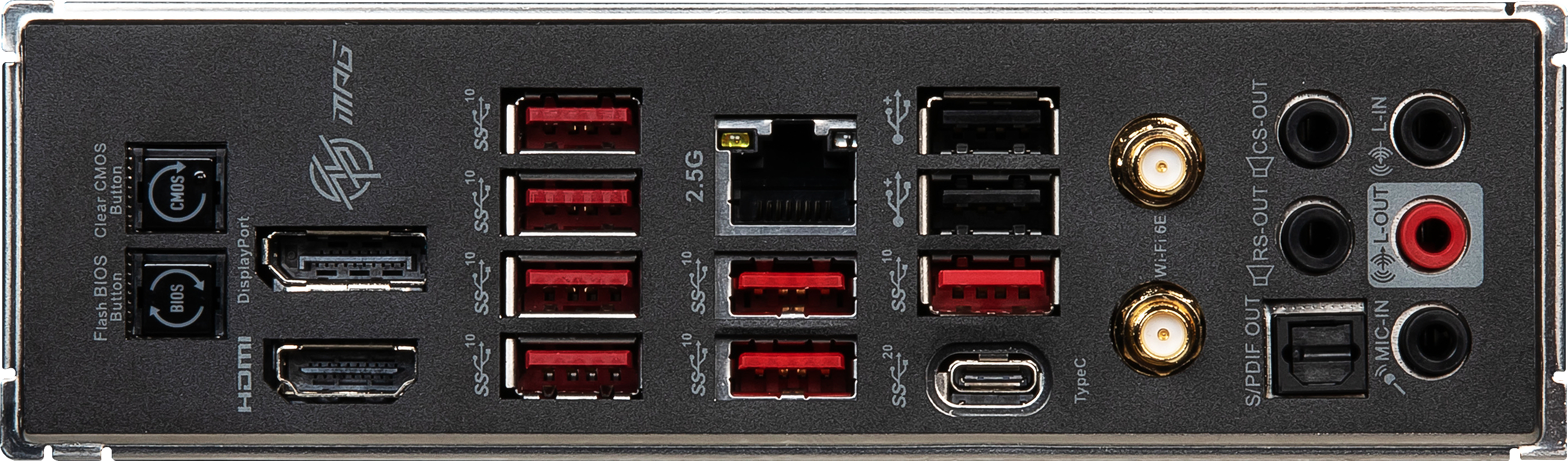 Rückseite eines Computer-Motherboards mit verschiedenen Anschlüssen und Steckern.