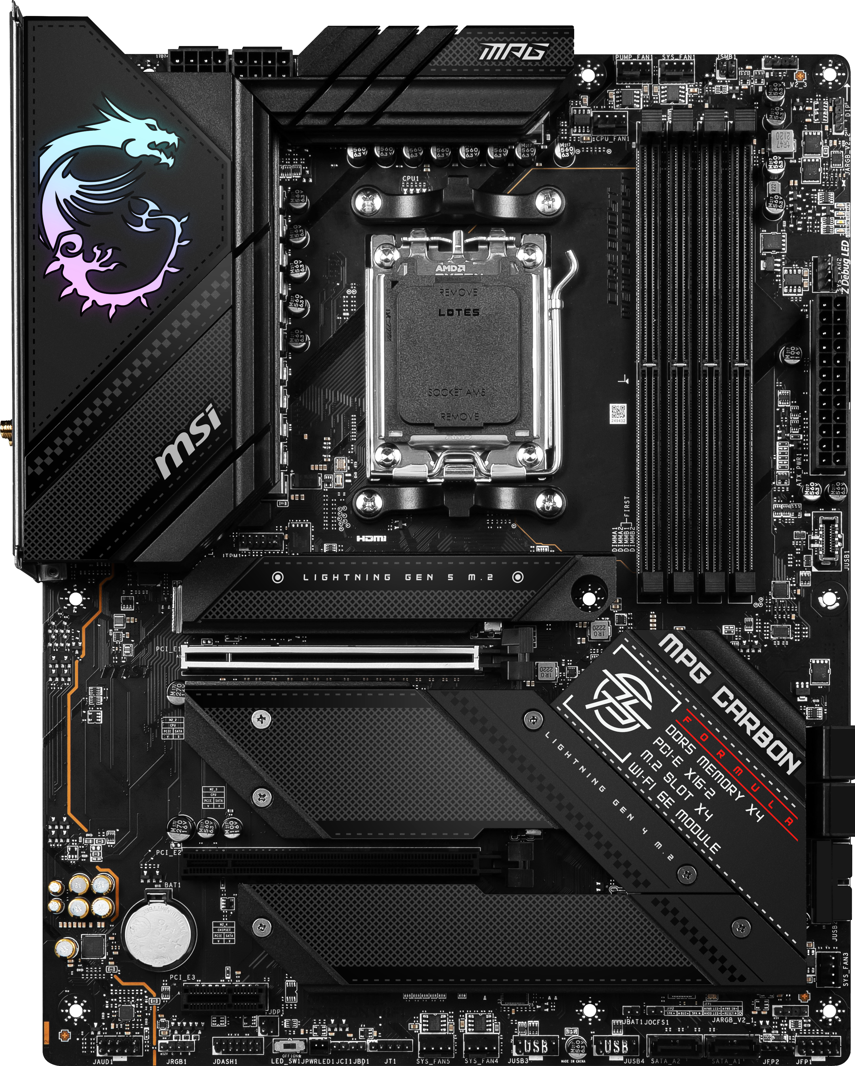 Schwarzes Motherboard mit MSI-Logo und verschiedenen Komponenten. Text enthält MPG CARBON WIFI.