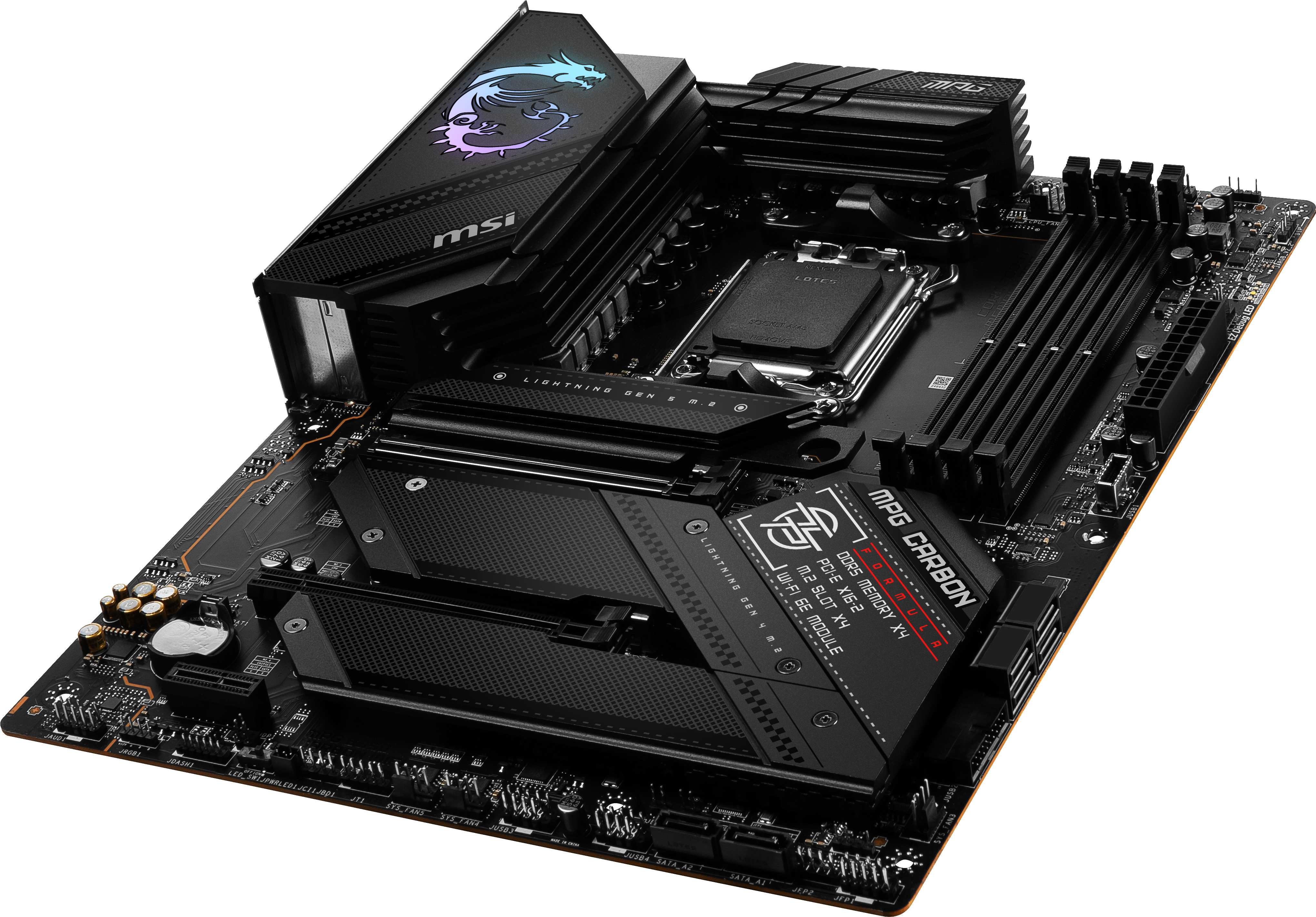 Ein schwarzes und graues Motherboard. Es hat MSI und MPG CARBON darauf geschrieben.