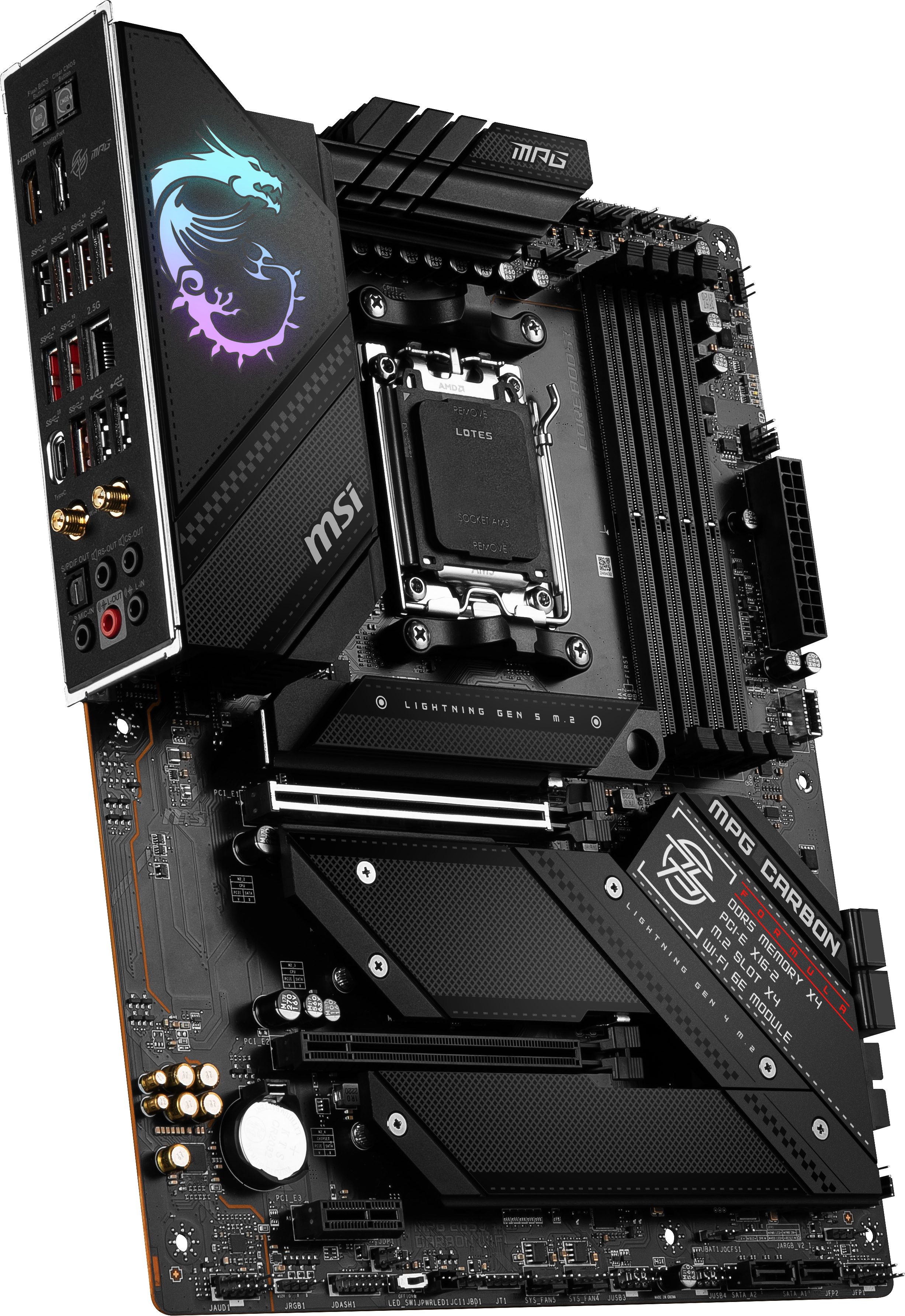Schwarzes MSI-Motherboard mit Komponenten. Drachenlogo. Schwarz-weißer Hintergrund.
