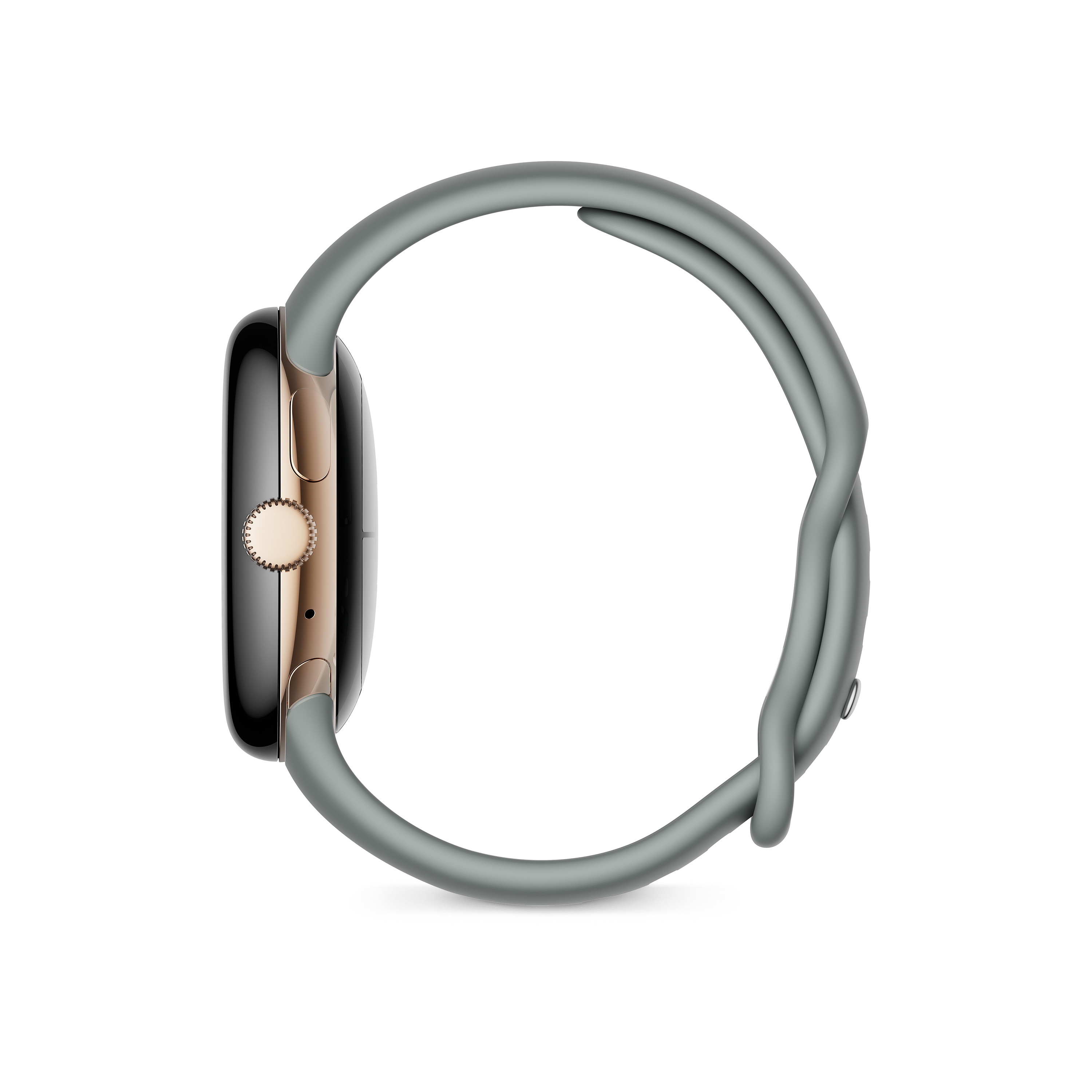 Seitenansicht einer grauen Smartwatch mit goldfarbener Krone und grauem Armband.
