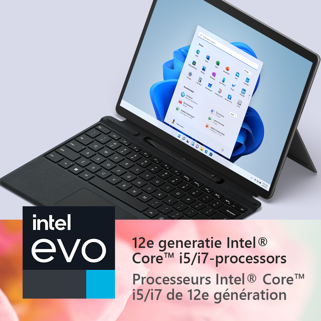 Een zwarte tablet met toetsenbord, met de Windows 11-interface. Een Intel Evo-logo op de voorgrond met tekst.