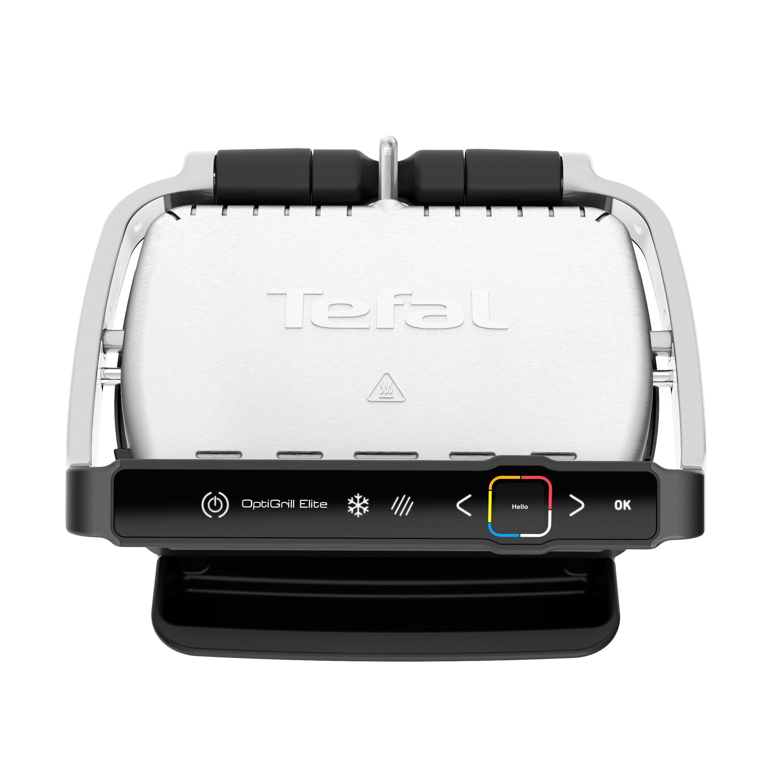 Draufsicht auf einen Tefal OptiGrill Elite. Bedienelemente und das Wort "Hallo" sind sichtbar.