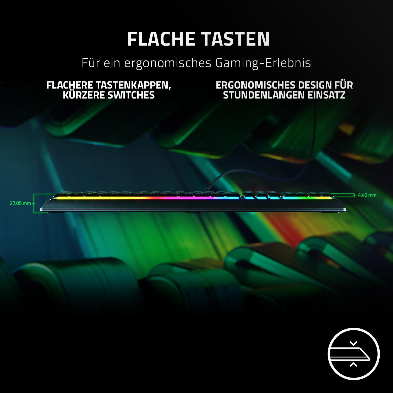 Tastatur mit Regenbogenfarben und Text über flache Tasten und Design.