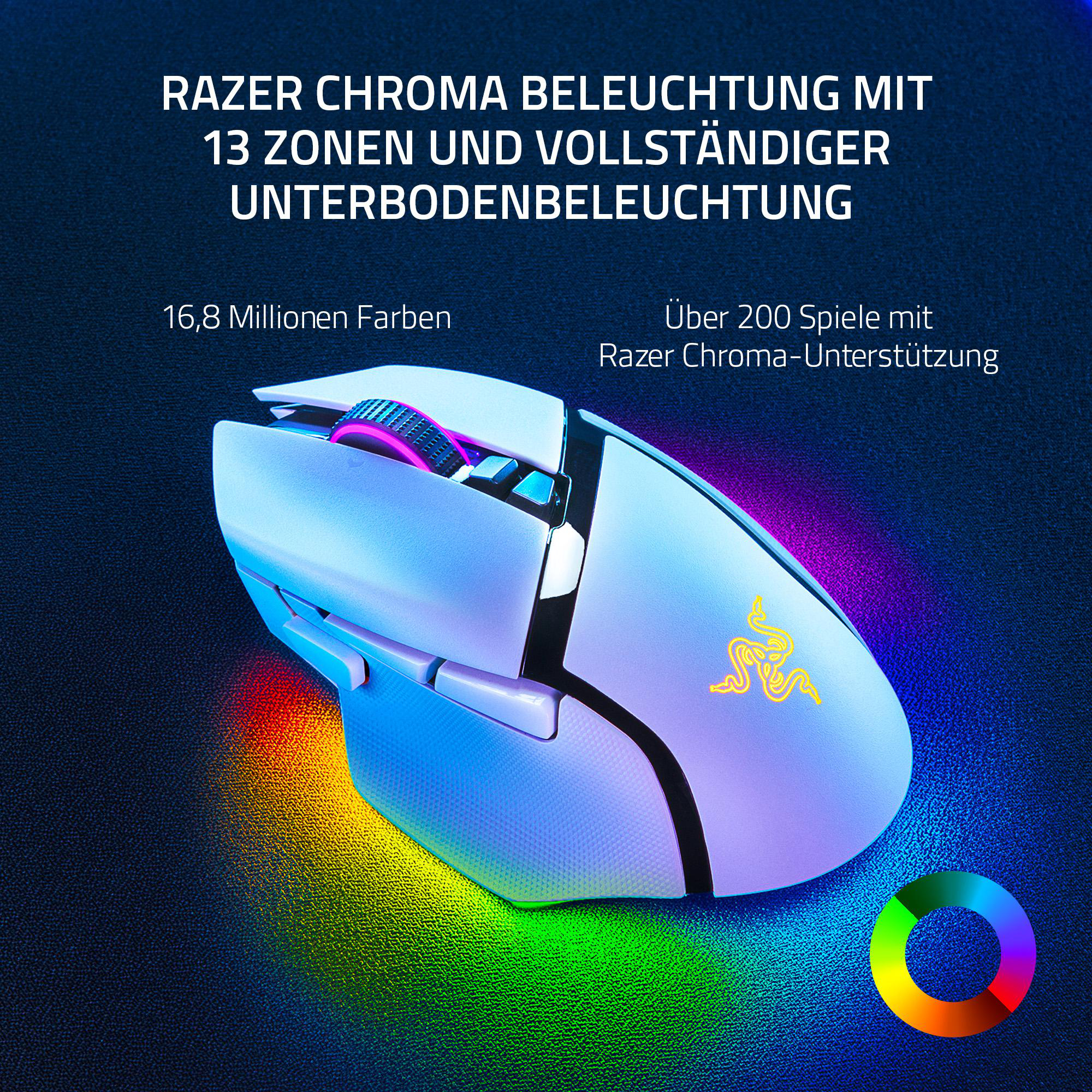 Gaming-Maus mit mehrfarbigen Lichtern, Razer-Logo und Text.