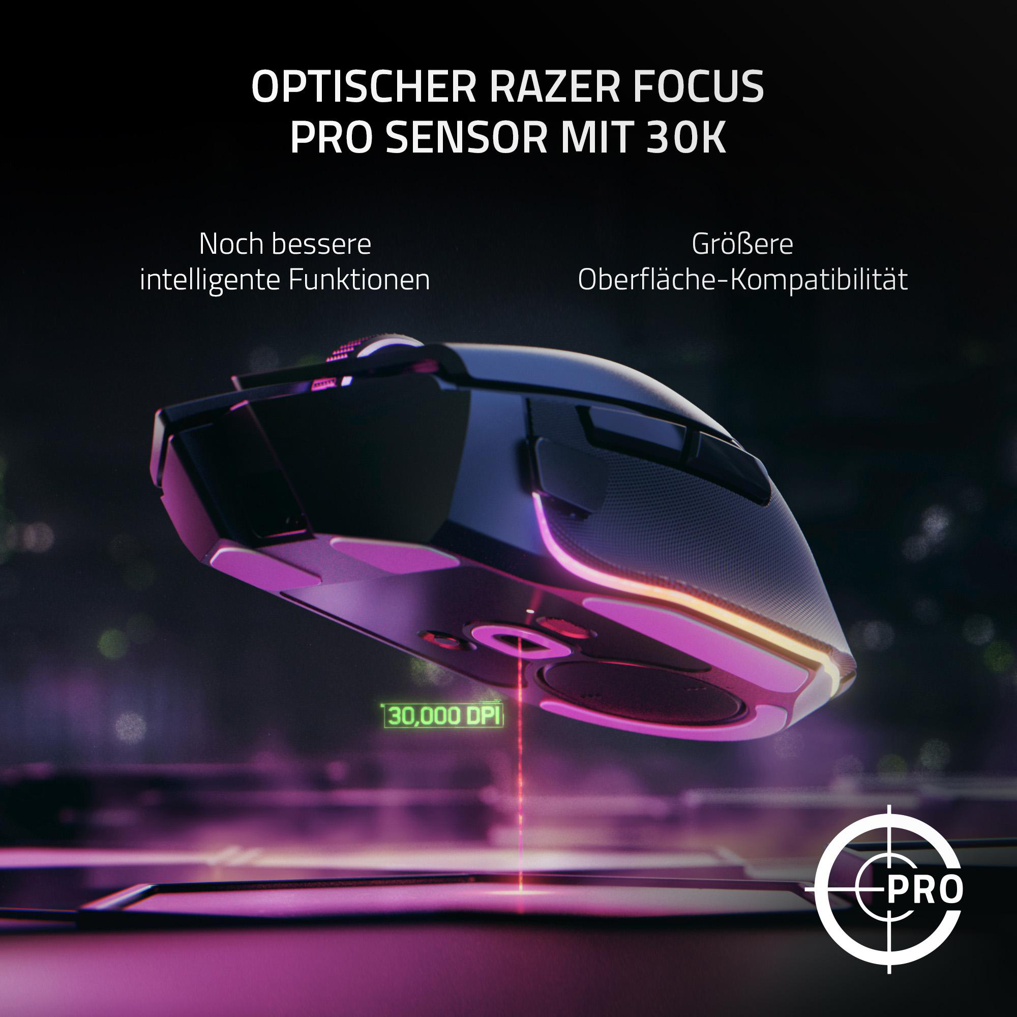 Razer Pro Maus mit Fokus auf den optischen Sensor und seine Funktionen.