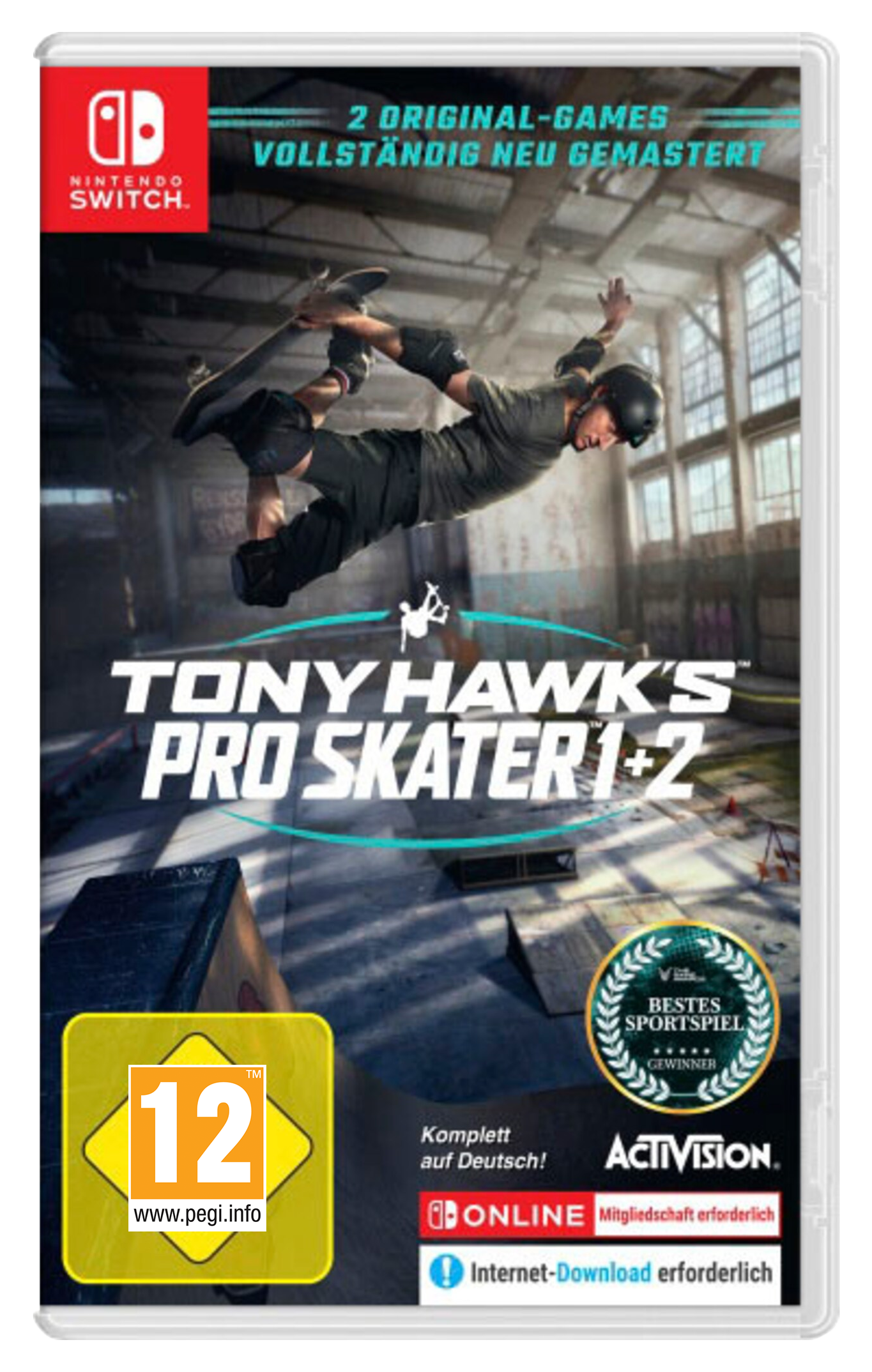 Eine Nintendo Switch-Spielbox: Tony Hawk's Pro Skater 1+2, mit einem Skateboarder in Aktion.