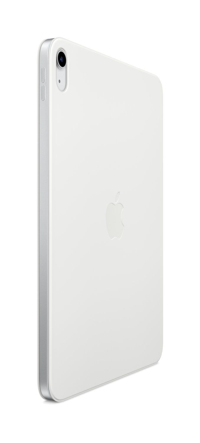 Une tablette blanche aux coins arrondis. Le dos a un logo Apple argenté. La caméra est sur le coin supérieur.
