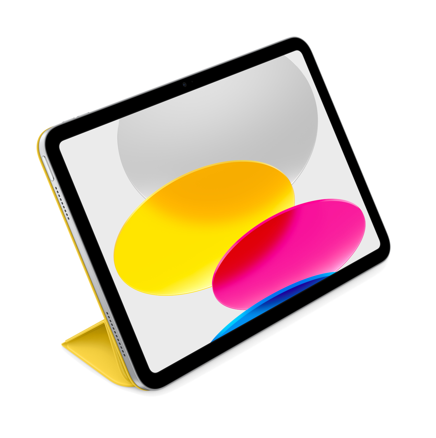 Tablette jaune avec écran coloré et couverture jaune sur fond blanc.