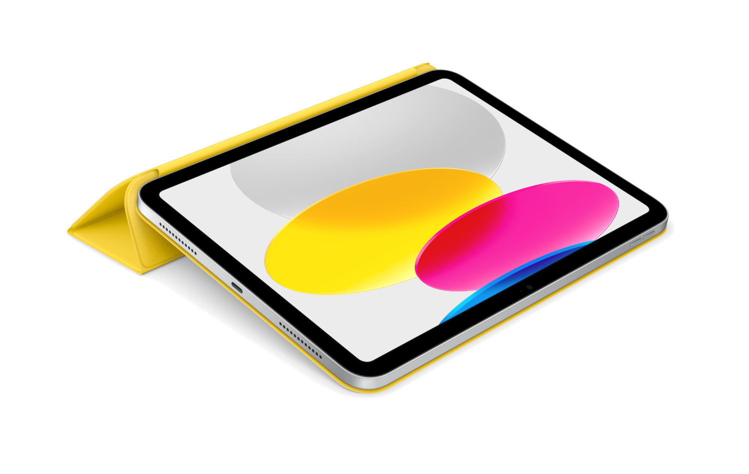 Tablette jaune avec une couverture jaune, affichant un écran coloré.