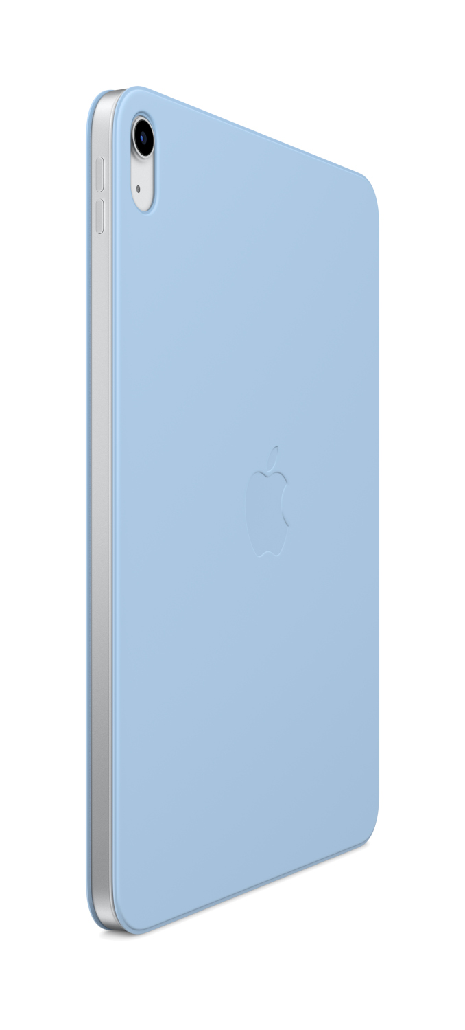 Un iPad bleu clair sur fond blanc. Le logo Apple est visible.