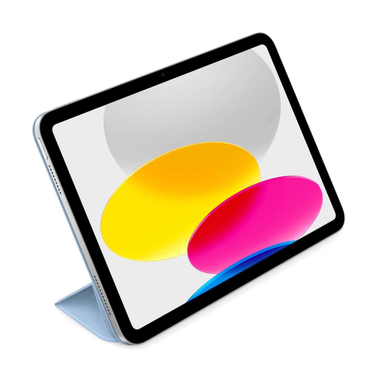 Une tablette bleue avec un arrière-plan coloré, inclinée sur une surface blanche.