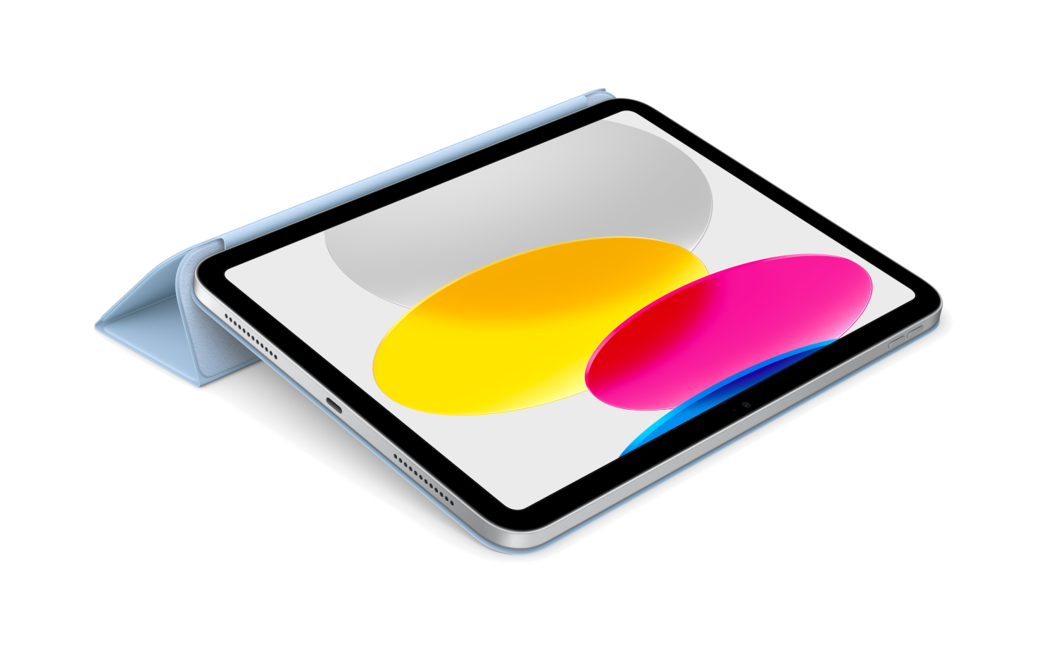 Un iPad avec une coque bleu clair, affichant une image abstraite colorée sur l'écran.