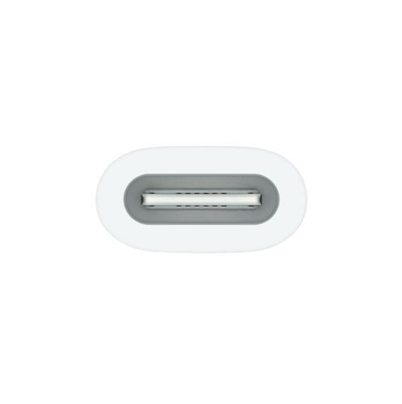 Een witte USB-C-poort. Het is een ovaal met een grijs binnenste gedeelte met kleine rechthoeken.