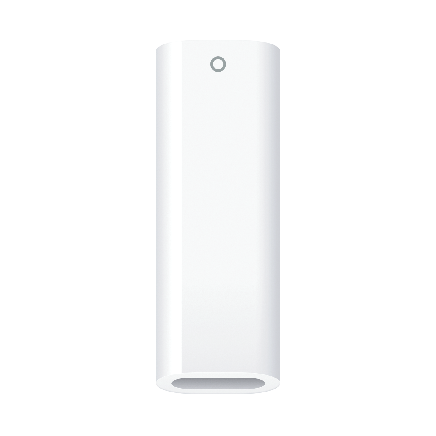 Witte Apple-adapter. Hij is cilindrisch met een afgeronde boven- en onderkant en heeft een kleine cirkelvormige opening.