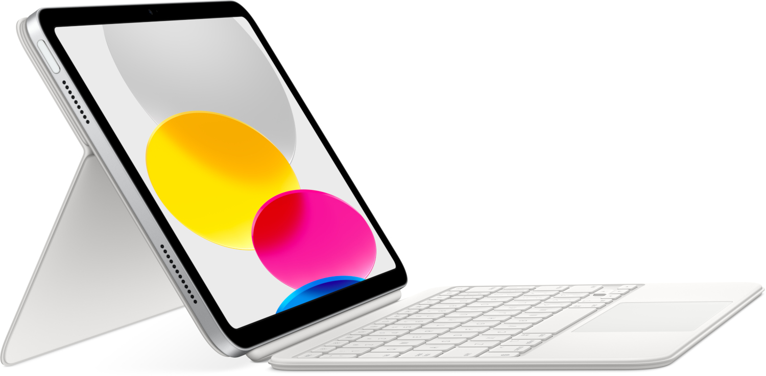 An iPad with a keyboard case, showing a colorful abstract wallpaper.