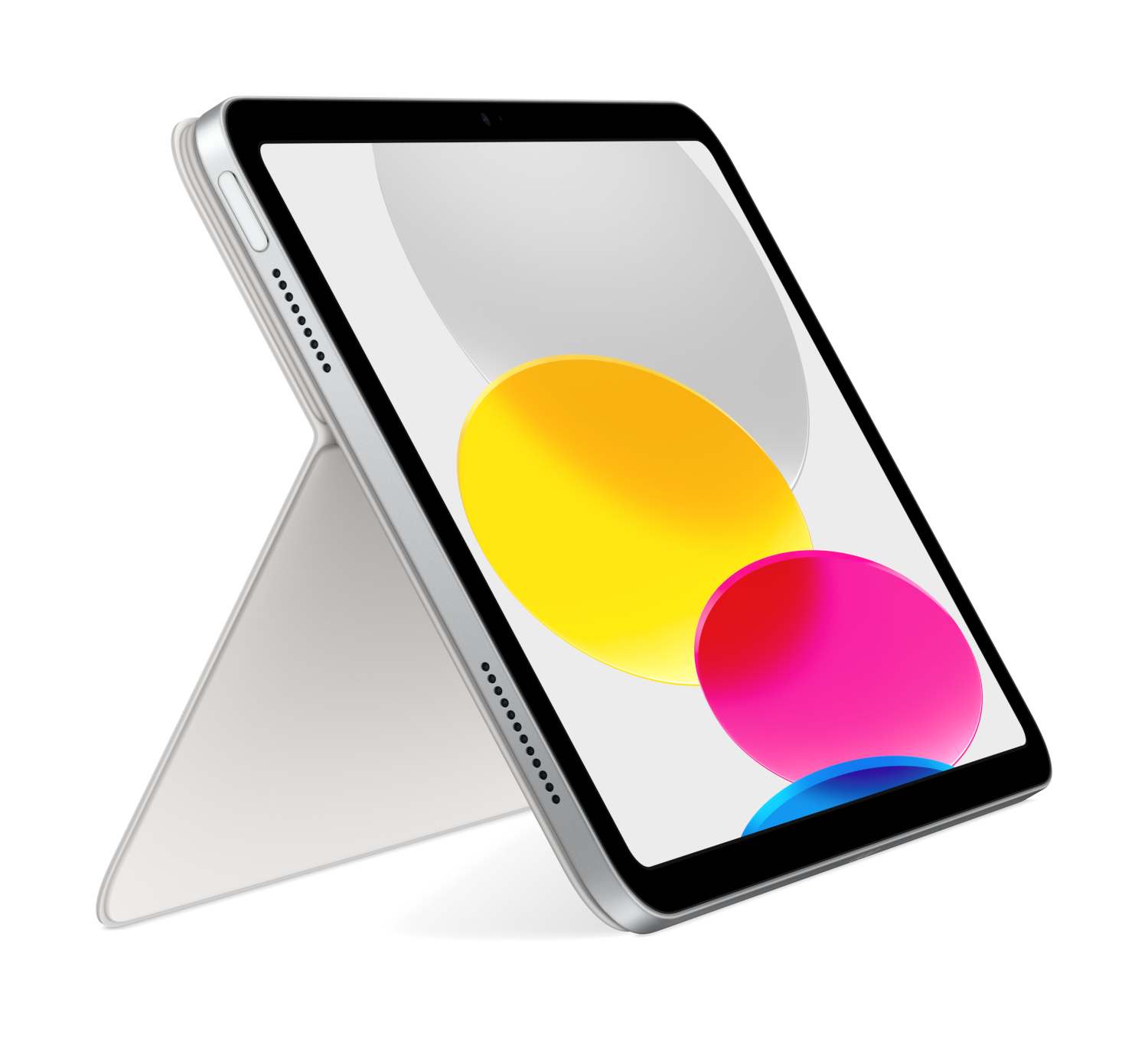 An iPad with a cover stand. The screen shows a colorful abstract design. It is silver colored.