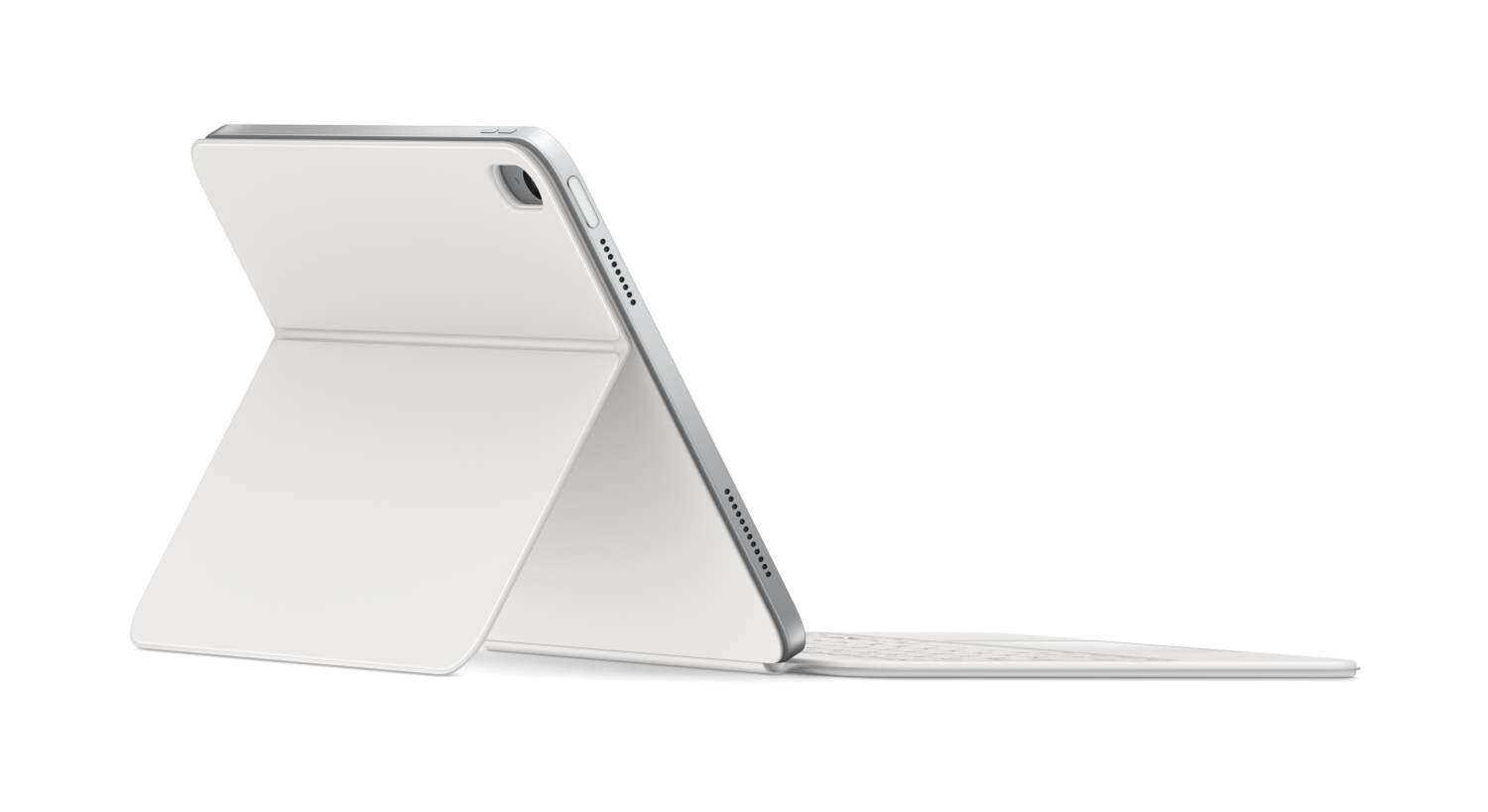 White iPad Pro with a white keyboard cover, angled on a white background.