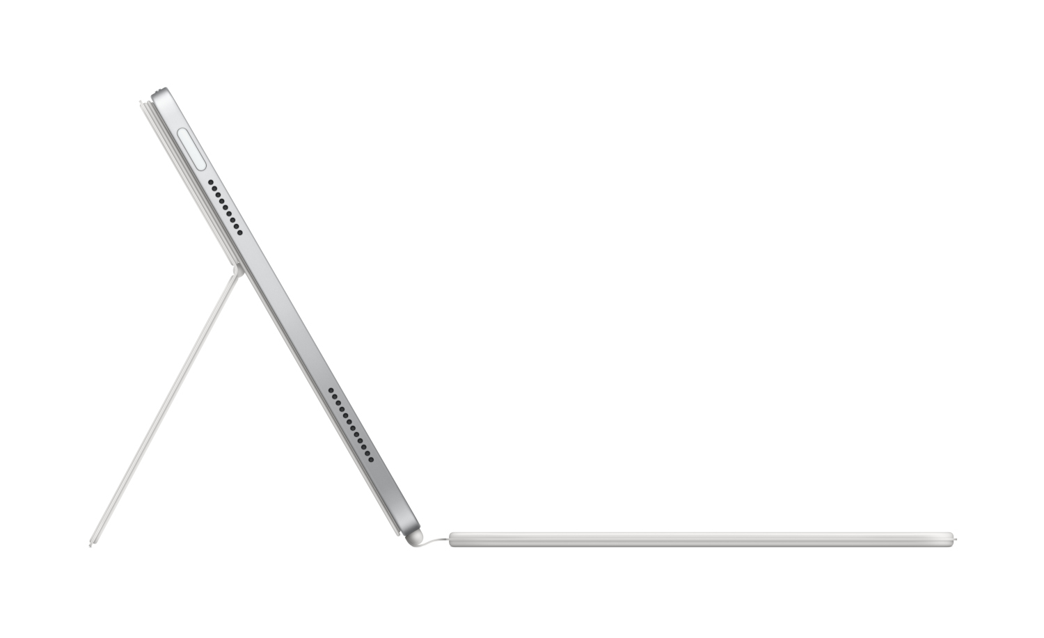 Silver tablet with a connected pencil and keyboard stand.