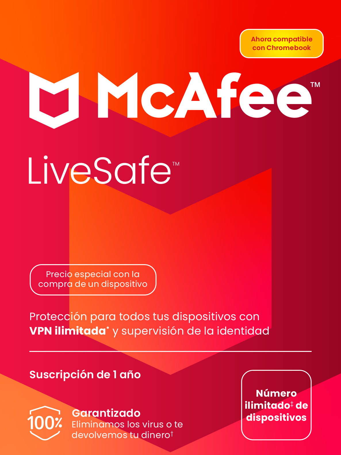 Antivirus - McAfee® LiveSafe (Dispositivos ilimitados) + VPN 5 dispositivos, Admin. contraseñas (Windows®/Mac®/Android/iOS), Suscripción de 1 año