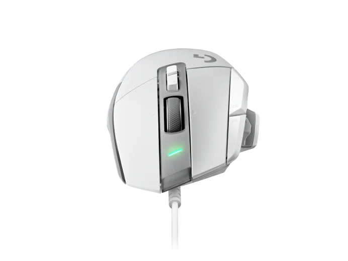 Kaydırma tekerleği ve yan düğmeleri olan beyaz oyun faresi, açılı görünüm.