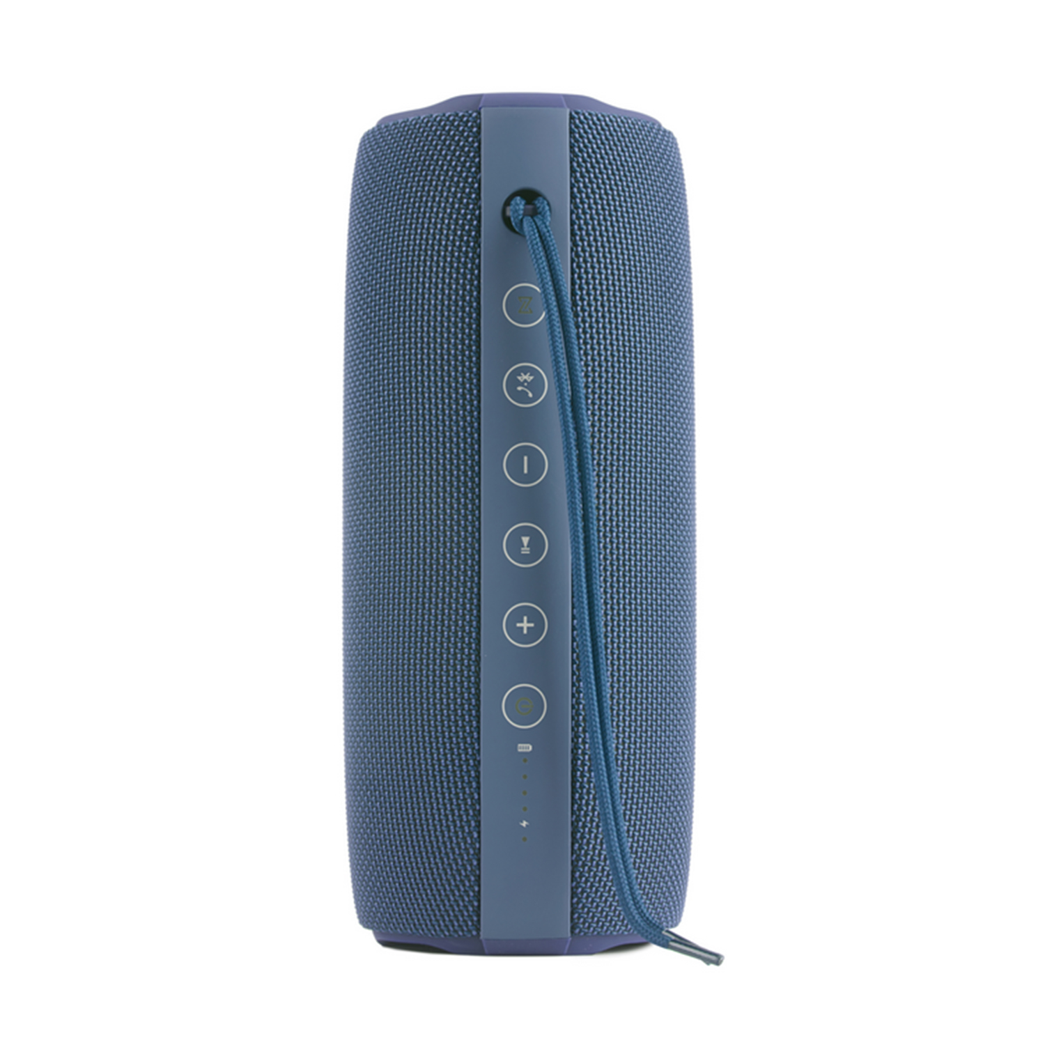 Altavoz cilíndrico azul con cordón y botones azules. Fondo blanco. Botones con iconos.