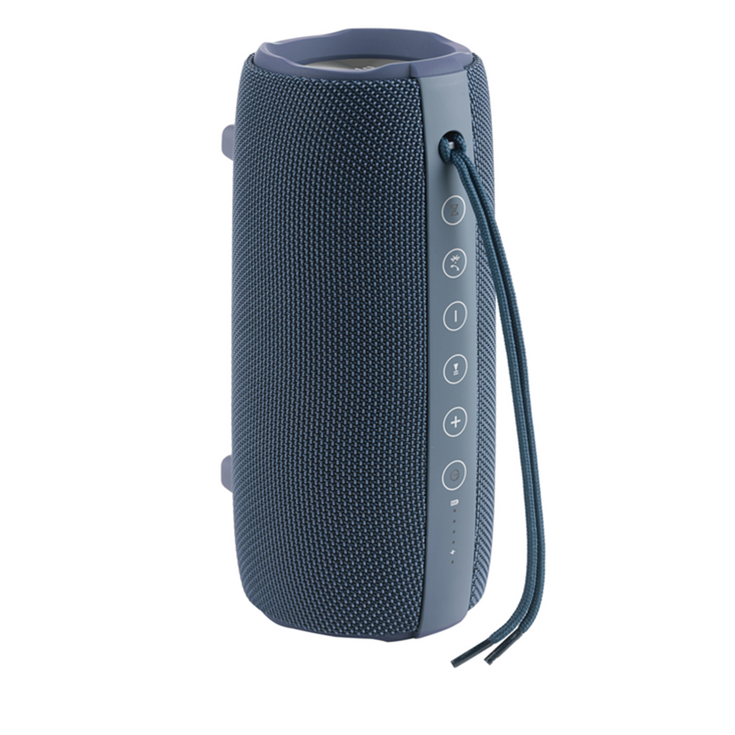 Altavoz Bluetooth cilíndrico azul con botones y cordón de transporte.