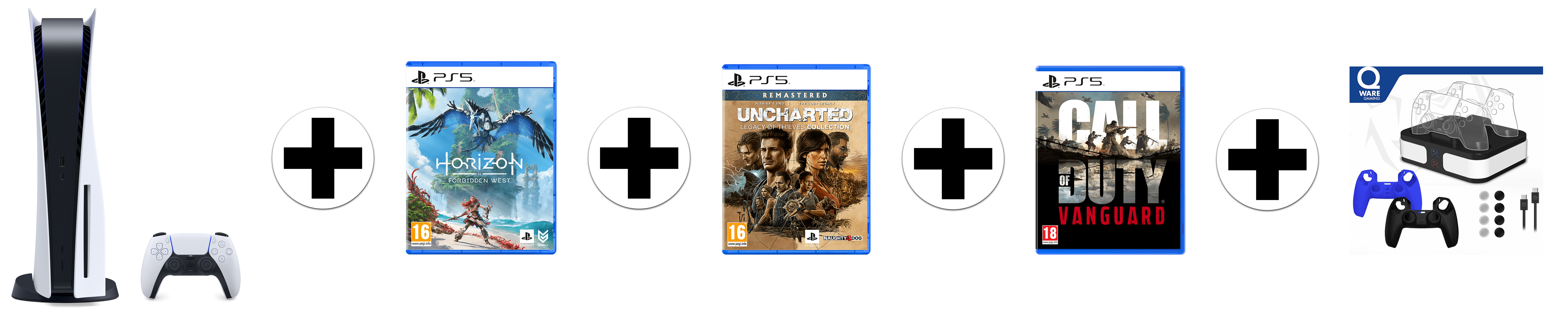 SONY PlayStation 5 Disk Edition + Horizon: Forbidden West + Uncharted: Legacy of Thieves Collection + Call of Duty: Vanguard + accessoiresset