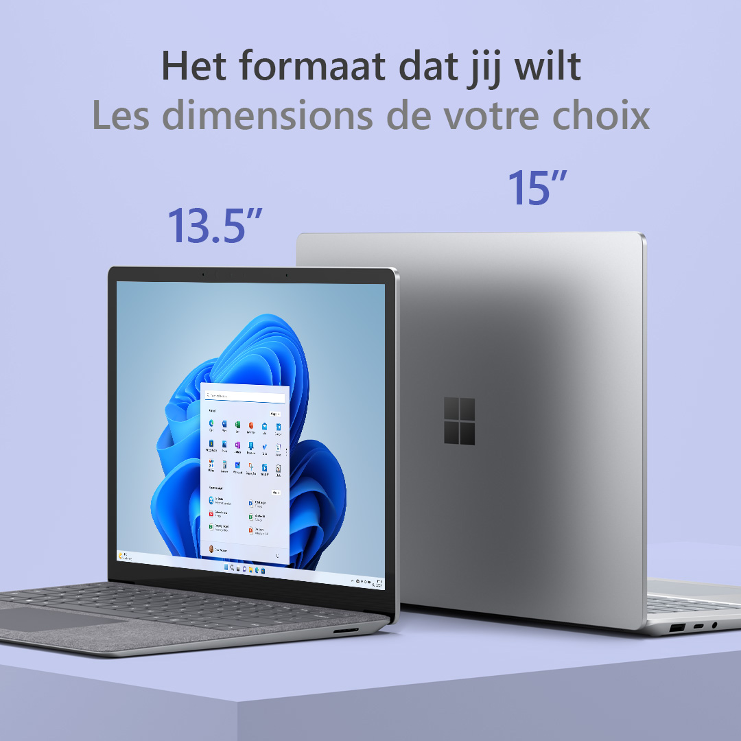 Deux ordinateurs portables, un ouvert avec écran Windows, l'autre fermé. Les tailles 13,5" et 15" sont indiquées.