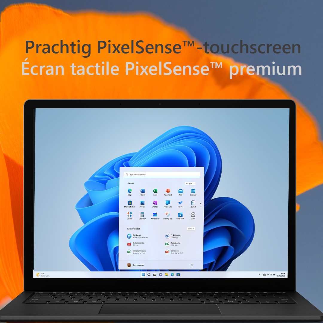 Un ordinateur portable affiche une interface Windows. Un arrière-plan en dégradé orange et bleu entoure l'écran. Le texte dit 'PixelSense touchscreen'.