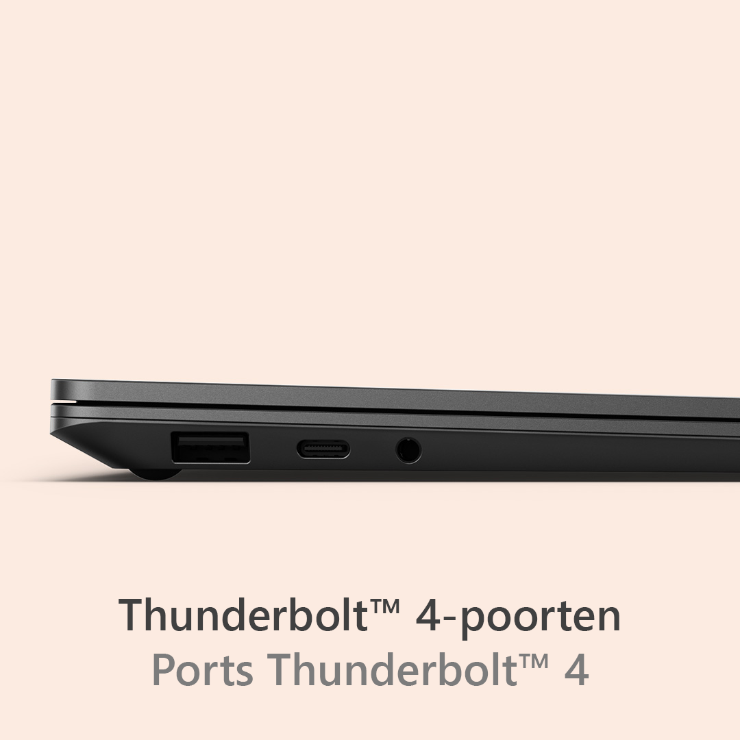Profil latéral d'un ordinateur portable noir avec ports USB, Thunderbolt 4 et audio. Fond beige. Texte : Ports Thunderbolt 4.