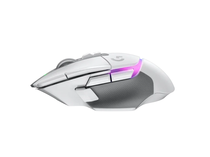 Gri detaylı, beyaz oyun faresi, çeşitli düğmeler ve ışıklı logo.