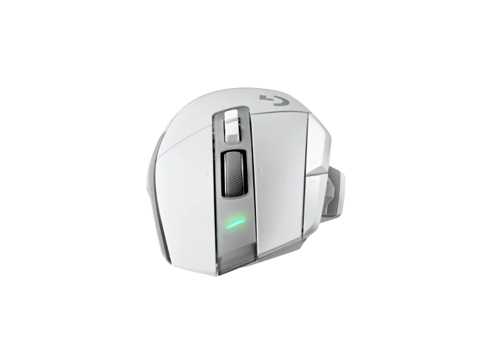 Beyaz oyun faresi. Yan düğmeleri, kaydırma tekerleğini ve yeşil renkli bir çubuğu gösterir.