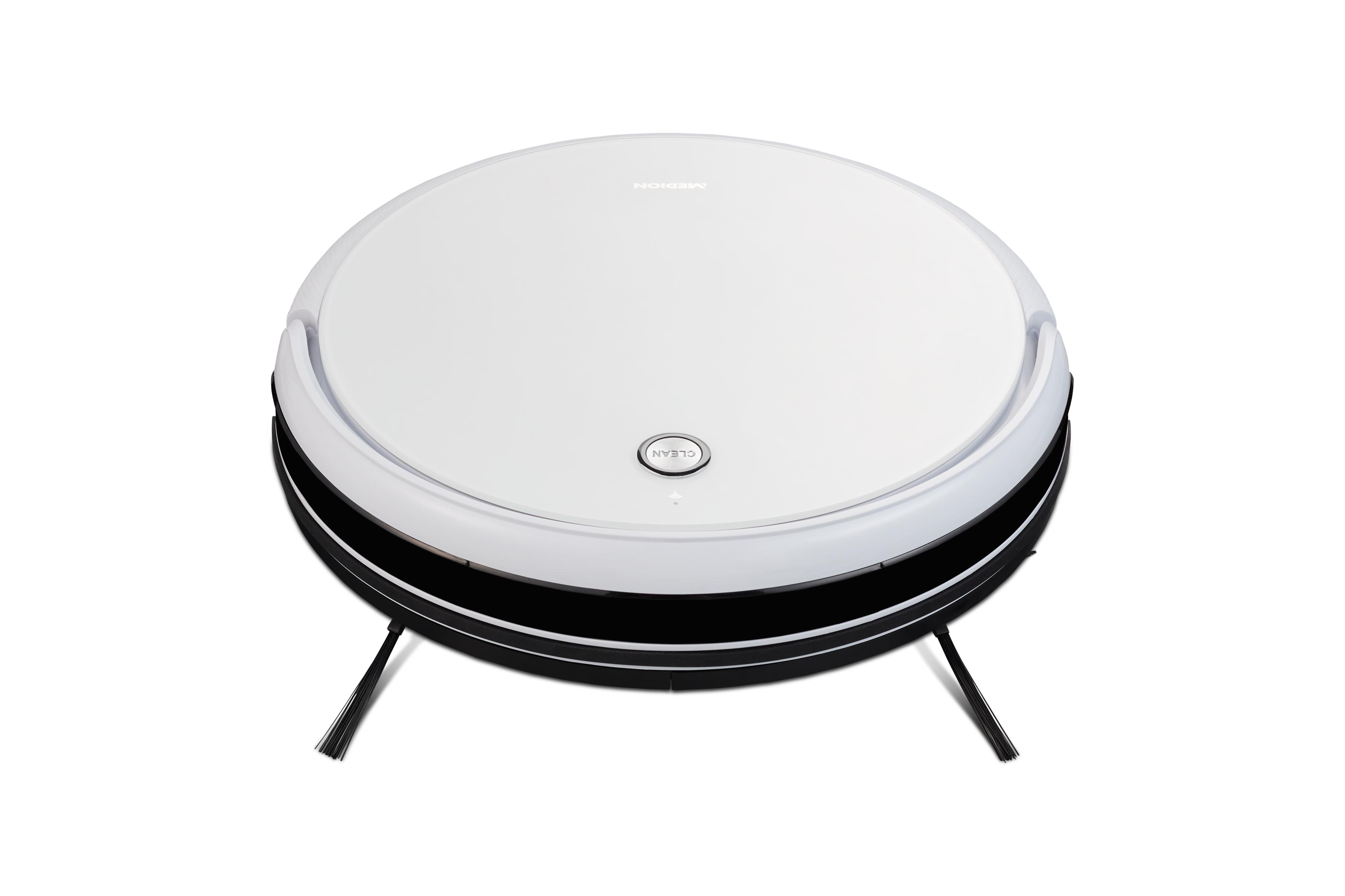 Weißer Roboter-Staubsauger mit schwarzen Akzenten, zwei Bürsten und einer Taste, auf weißem Grund.