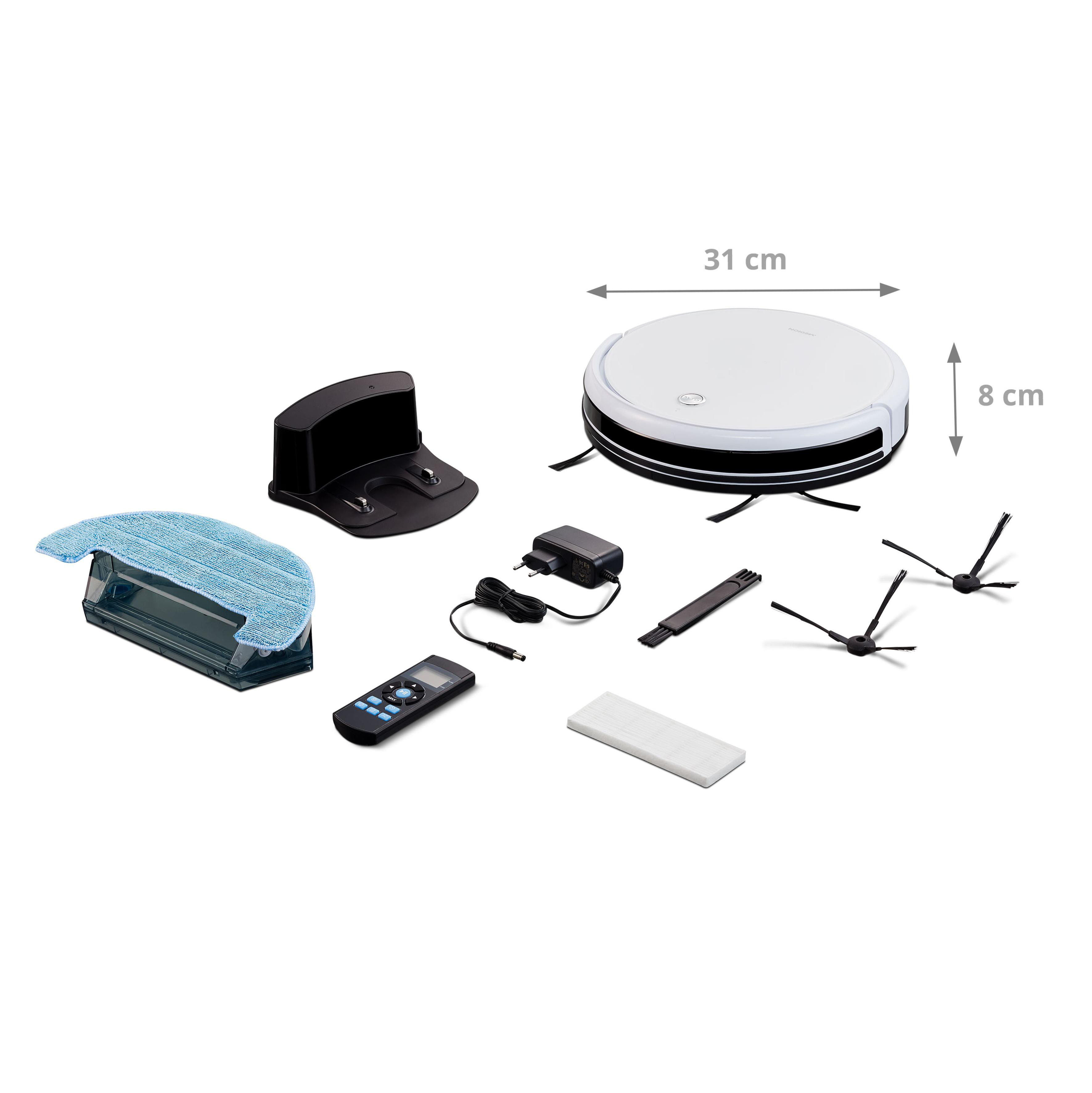 Roboter-Staubsauger und Zubehör. Enthält Ladestation, Fernbedienung und Reinigungswerkzeuge.