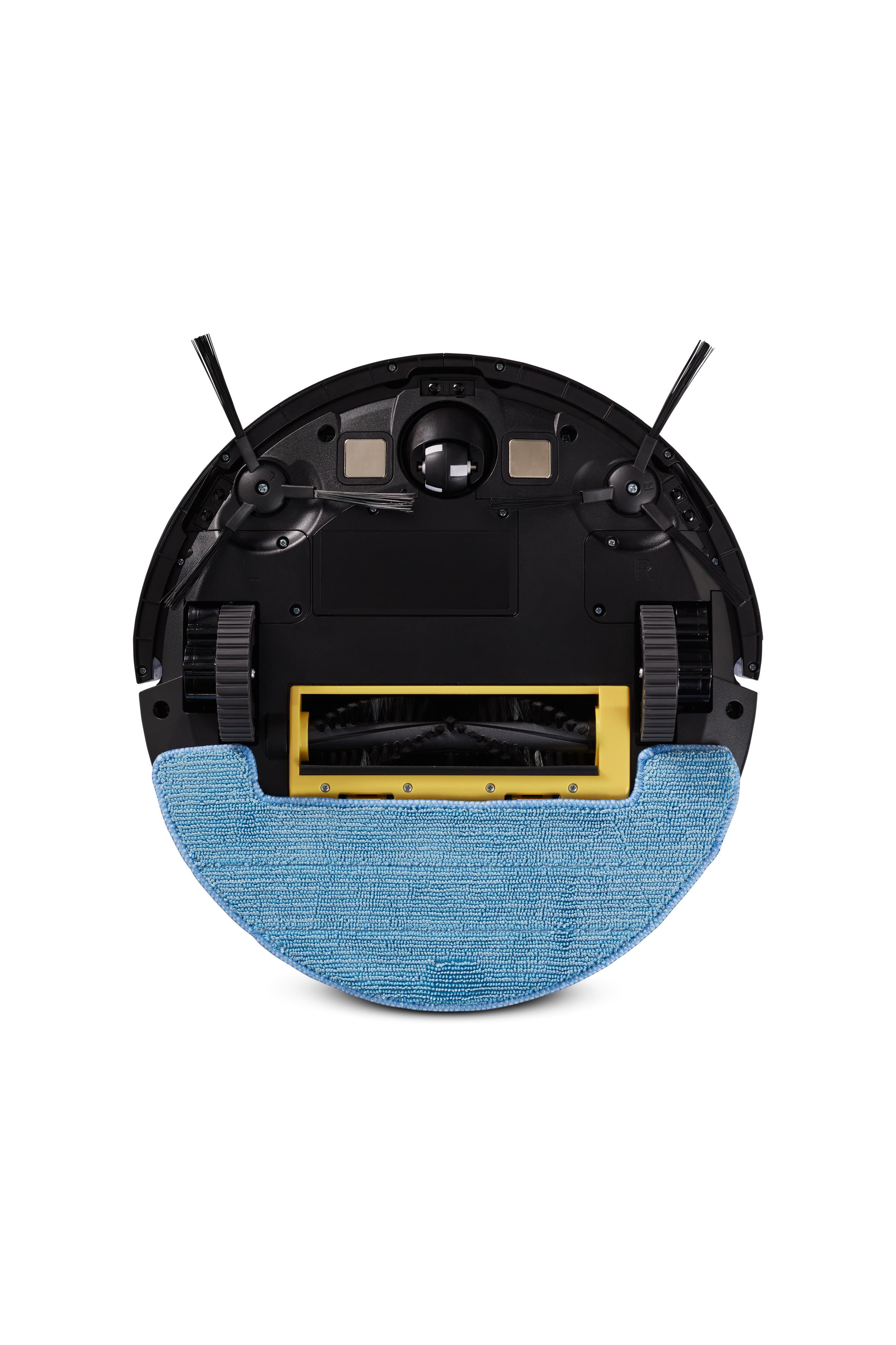 Ein Roboter-Staubsauger von unten, zeigt Räder, Bürsten und ein blaues Reinigungspad.