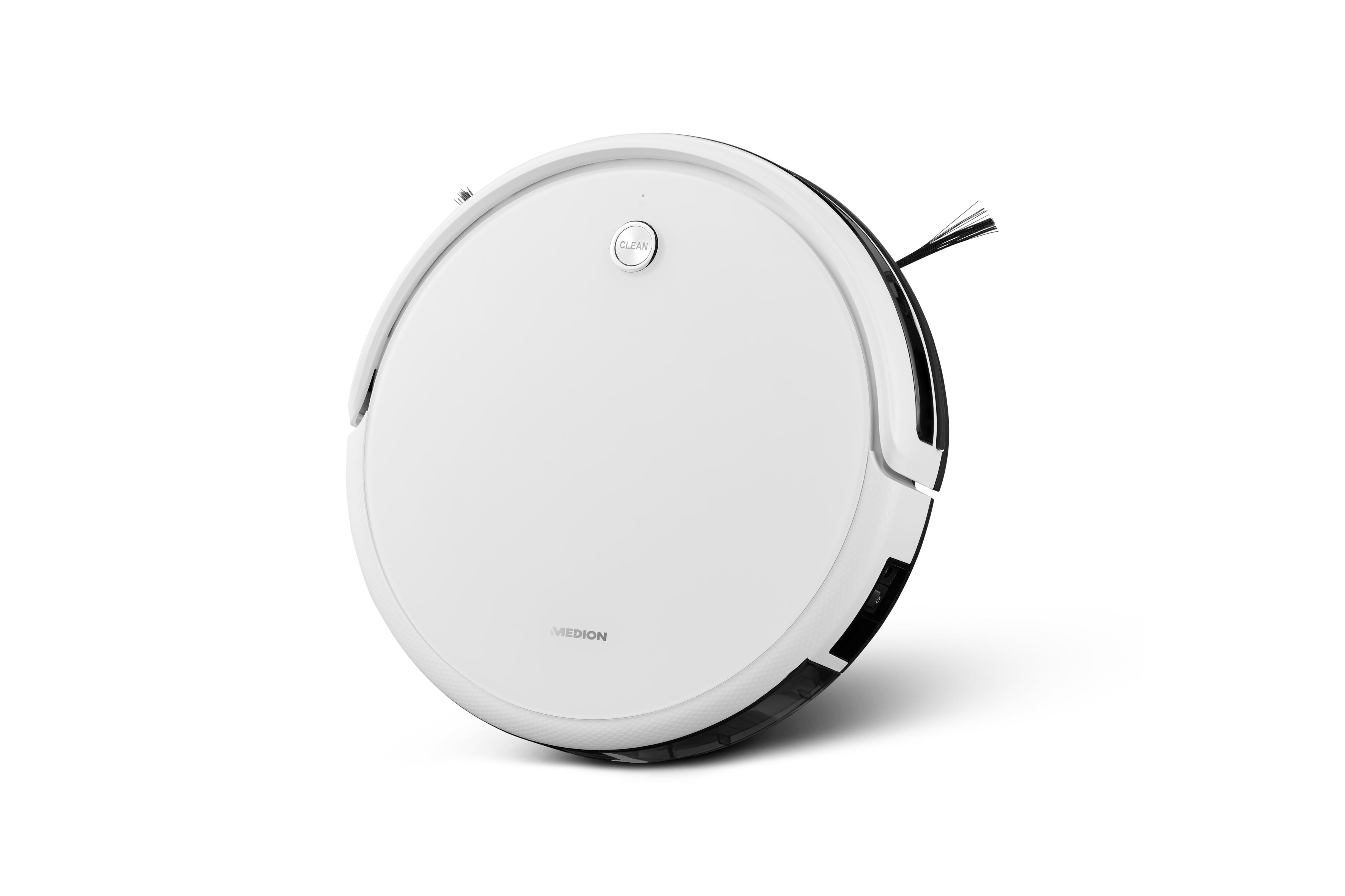 Weißer Roboter-Staubsauger auf weißem Hintergrund. Er hat einen Knopf zum Reinigen.