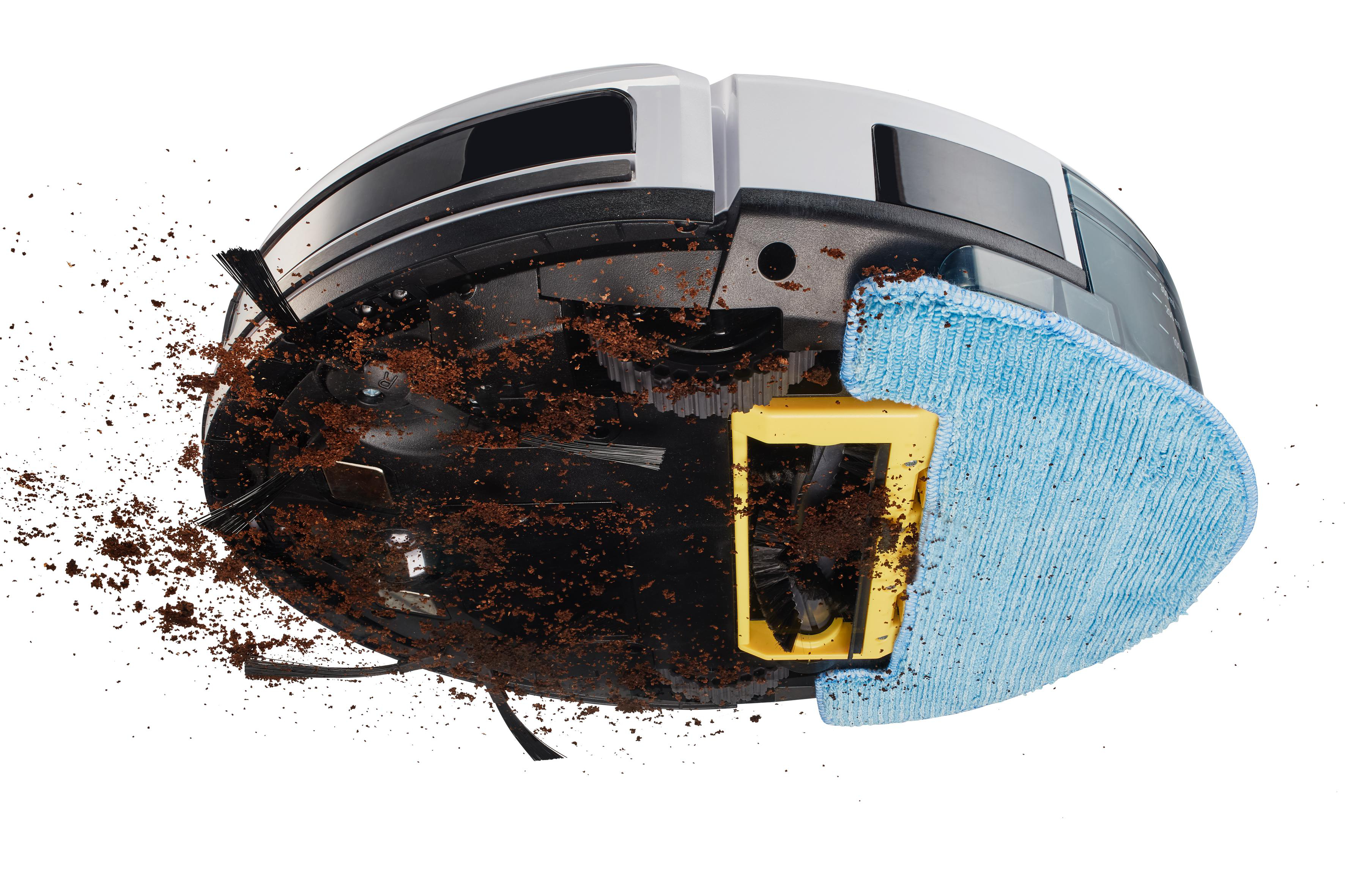 Roboter-Staubsauger reinigt eine Oberfläche. Zeigt Schmutz und ein blaues Reinigungspad.