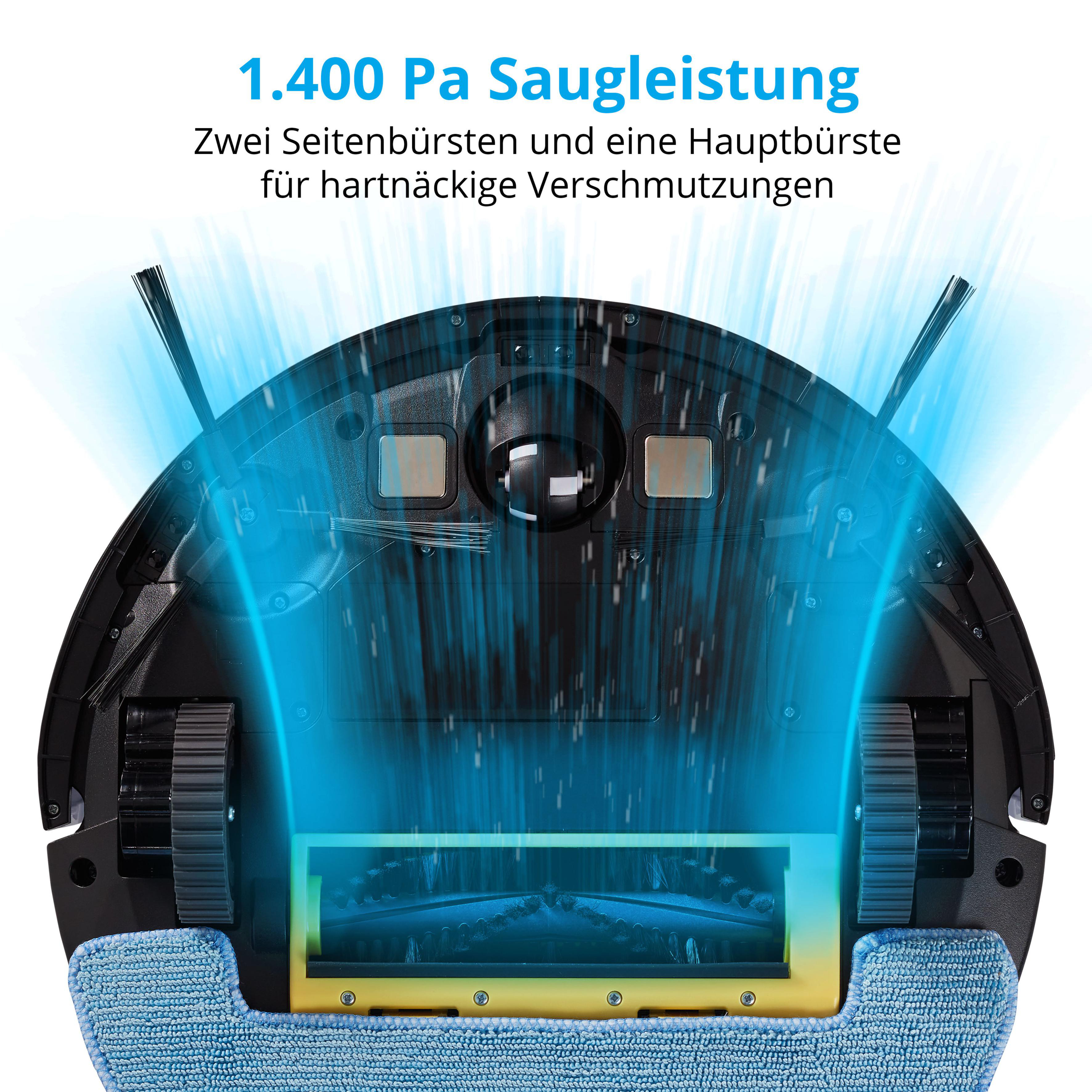 Ein schwarzer Roboter-Staubsauger mit dem Text '1.400 Pa Saugleistung' und blauen Sauglinien.
