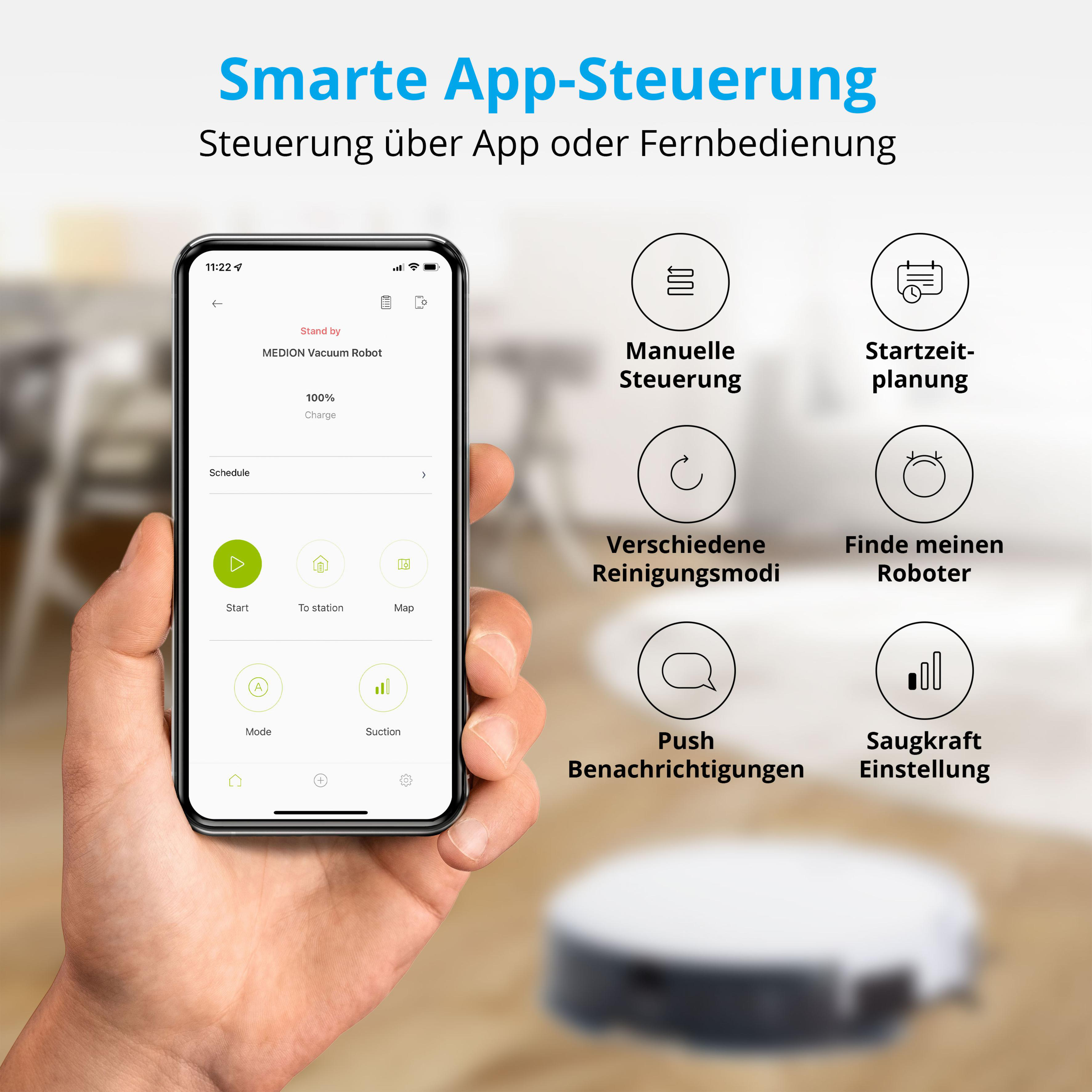 Hand, die ein Telefon hält, das App-Steuerungen anzeigt. Verschiedene Symbole für Smart Home Funktionen.