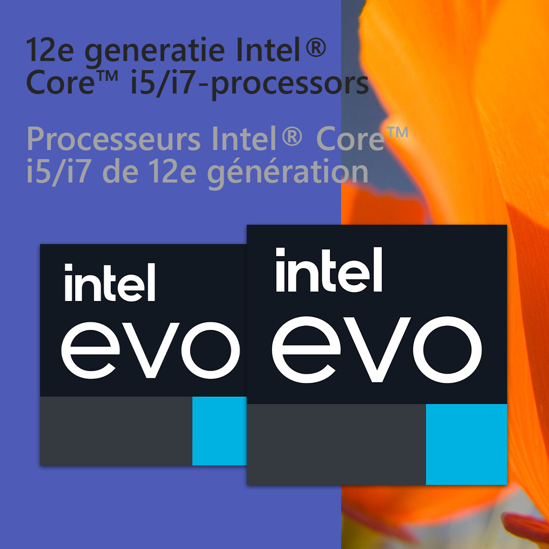 Logo Intel Evo, processeurs Intel Core i5/i7, avec fond orange et bleu.