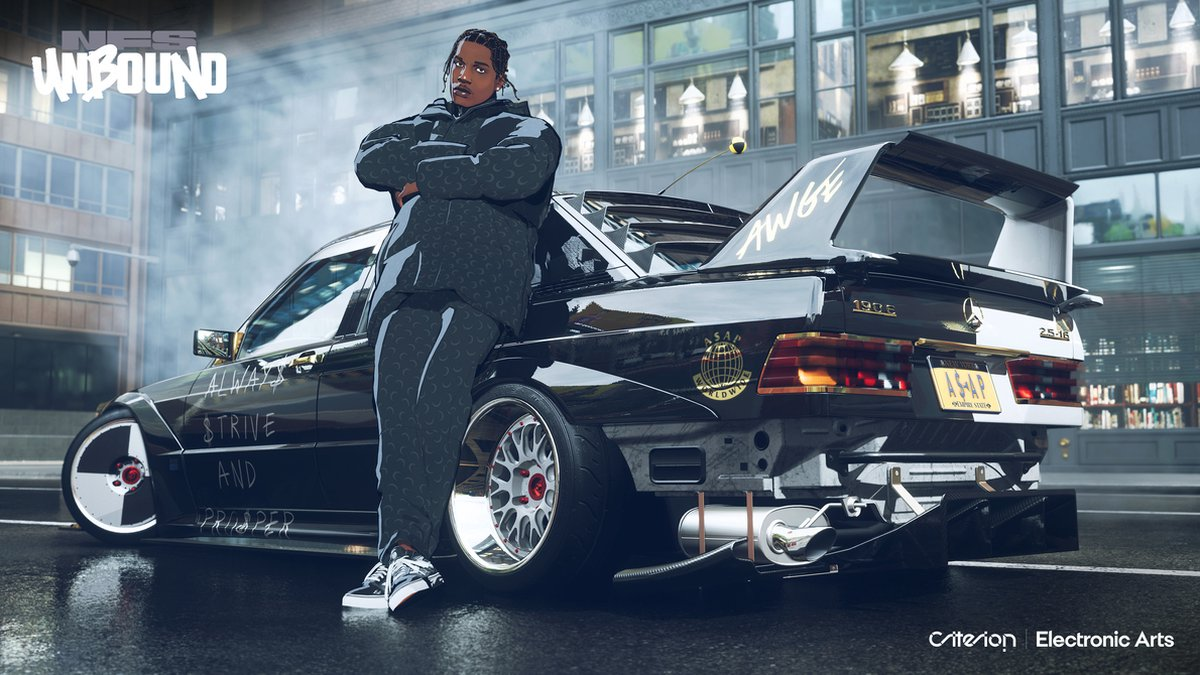 A person leans against a black car with graffiti. The car is in the rain.
