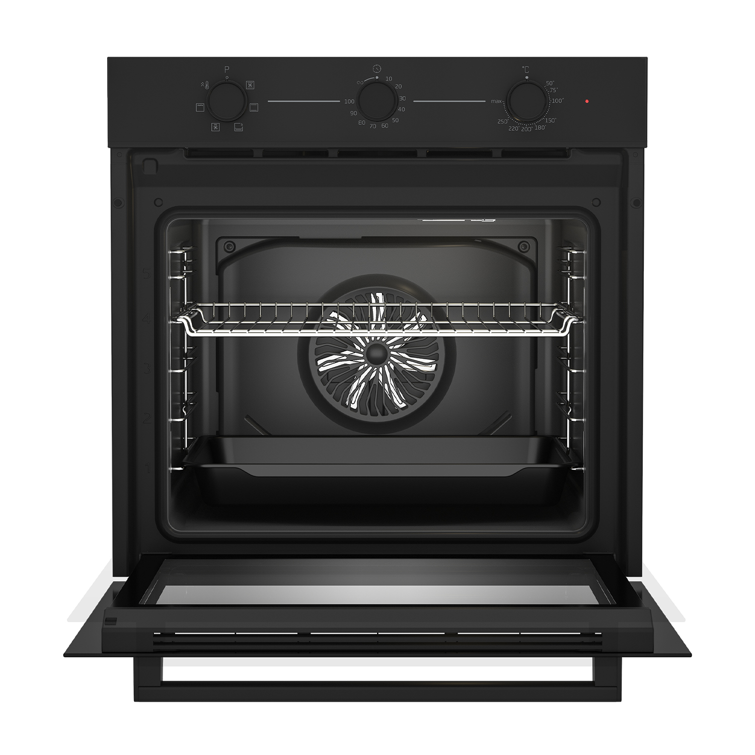 Forno nero con porta aperta. All'interno, una ventola e un vassoio, con una griglia cromata.