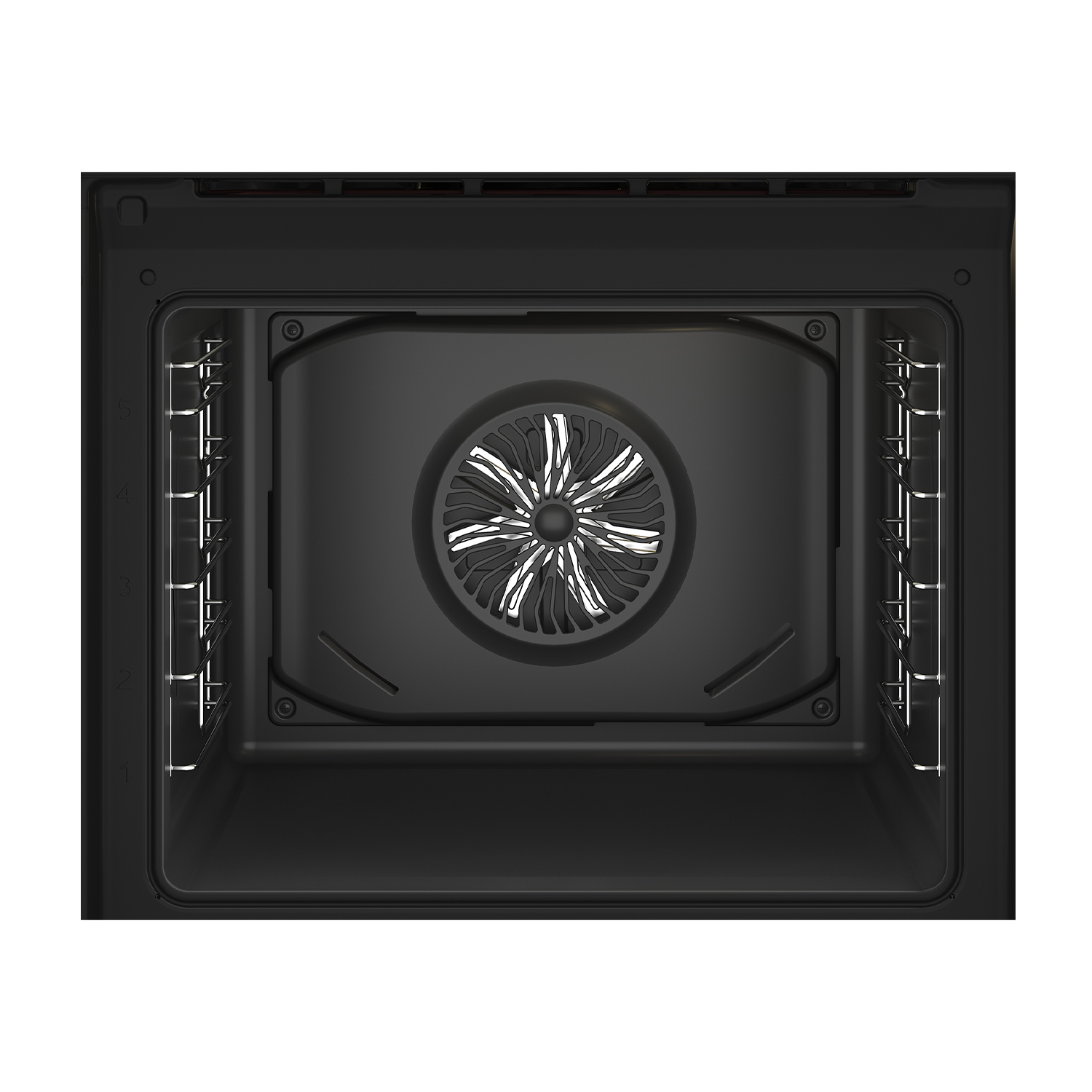 Interno di forno nero aperto con ventola e griglie metalliche, visto frontalmente.