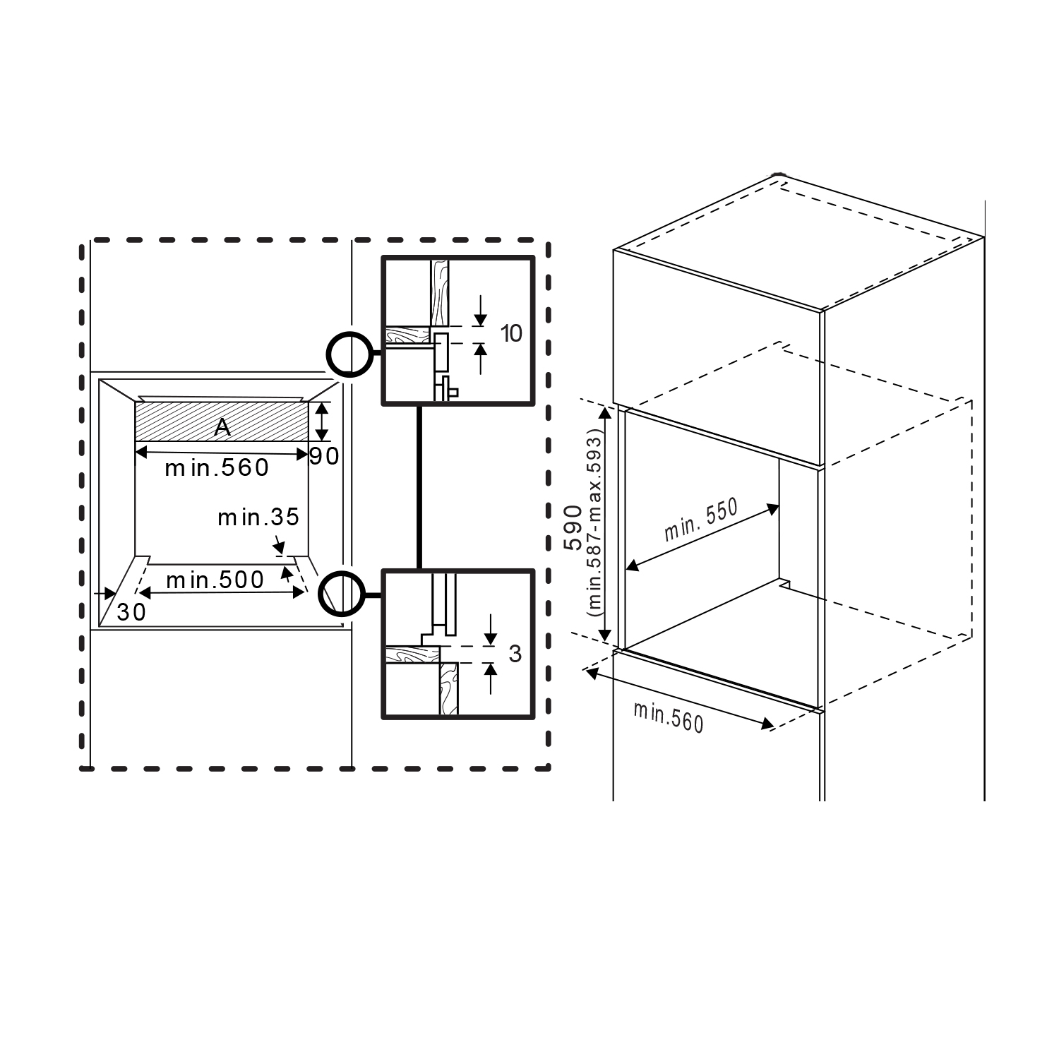 Disegno tecnico che mostra le dimensioni degli elettrodomestici da cucina a incasso. Include le misure in mm.