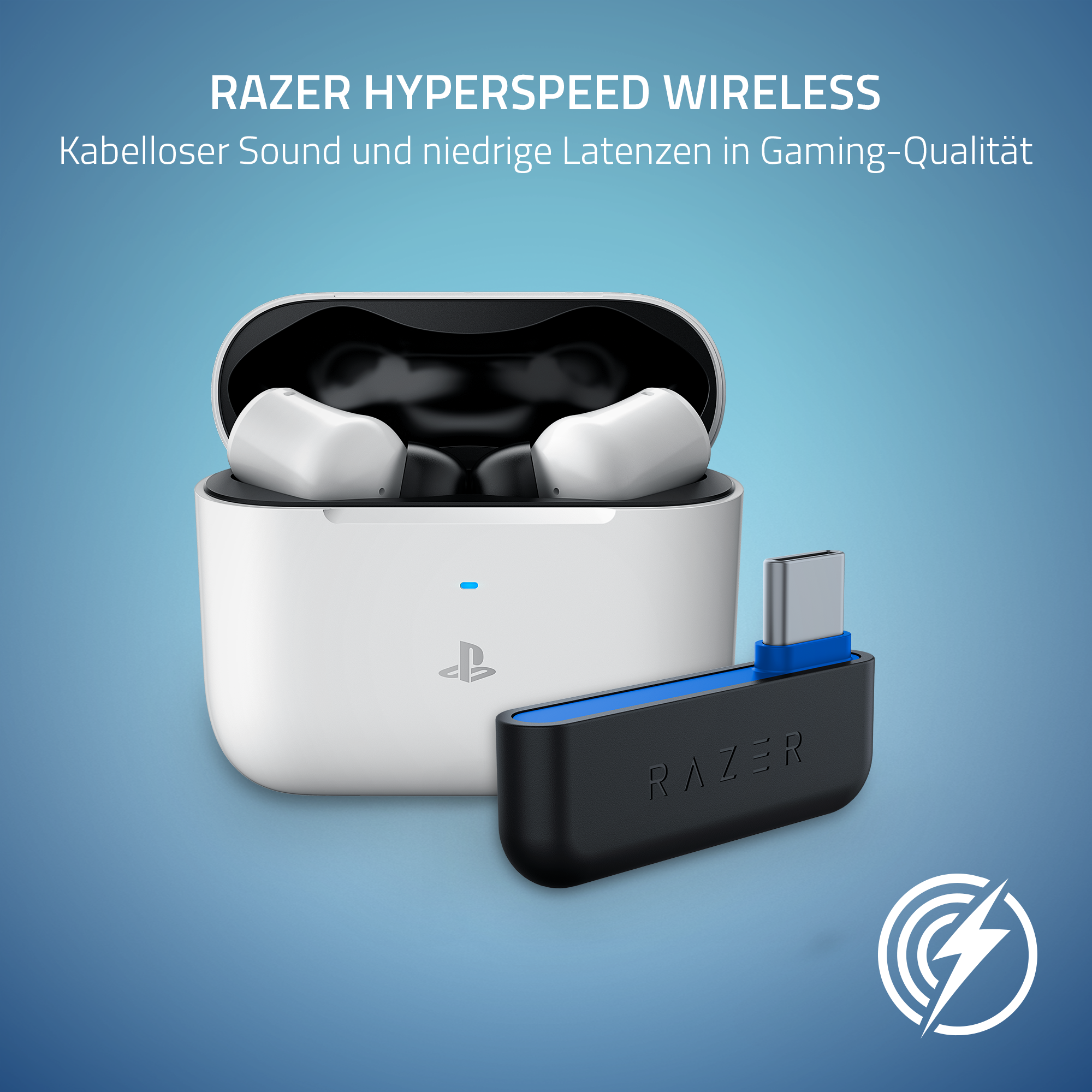 Razer kabellose Ohrhörer und Hülle, USB-Dongle. Blaues und weißes Farbschema.
