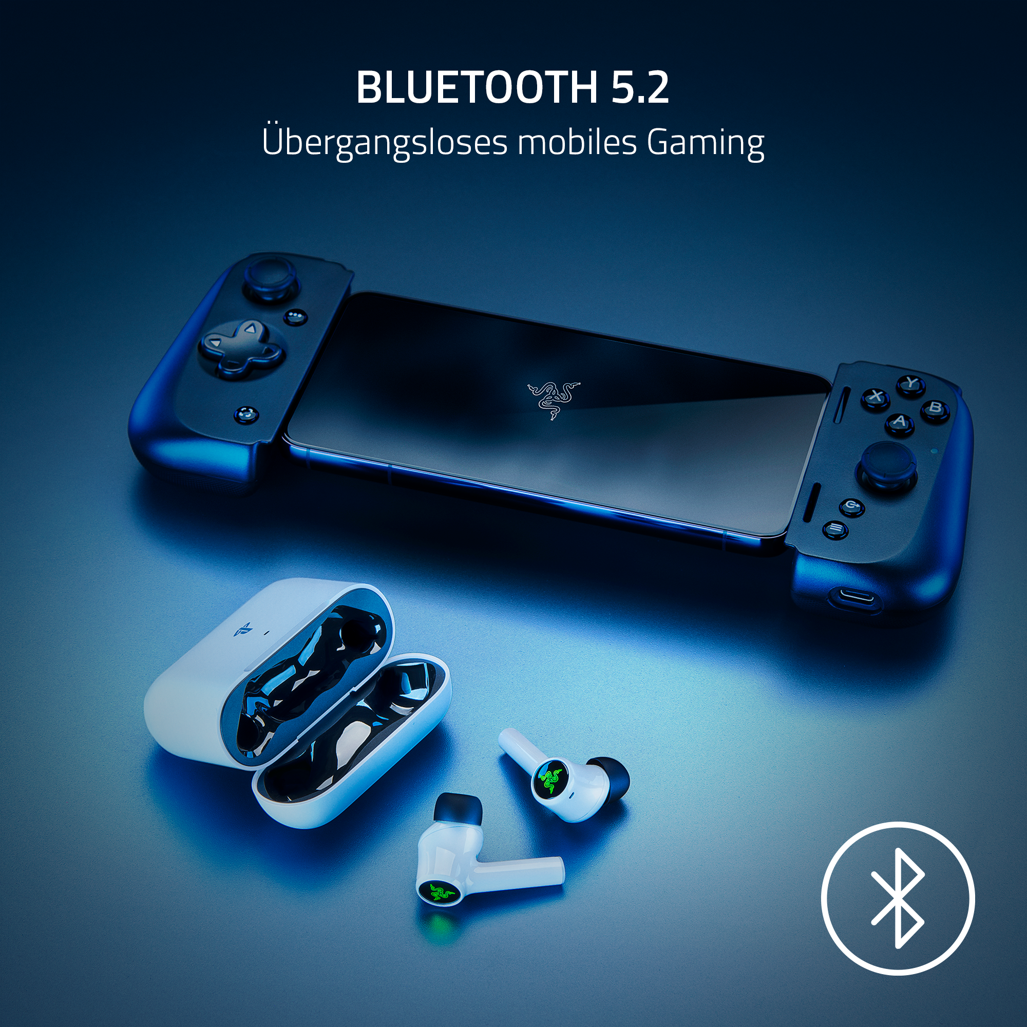 Schwarzes Telefon, verbunden mit blauen Gamecontrollern und weißen kabellosen Ohrhörern.