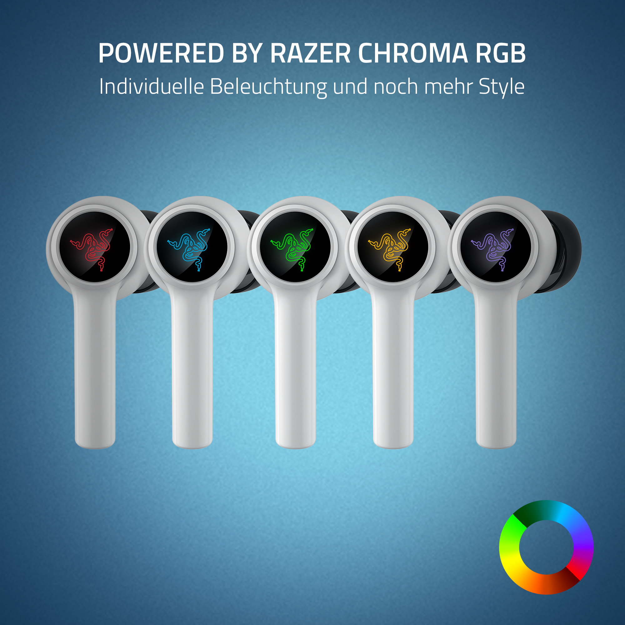 Ohrhörer mit Razer Chroma RGB-Lichteffekt in verschiedenen Farben. Ein Farbrad wird gezeigt.