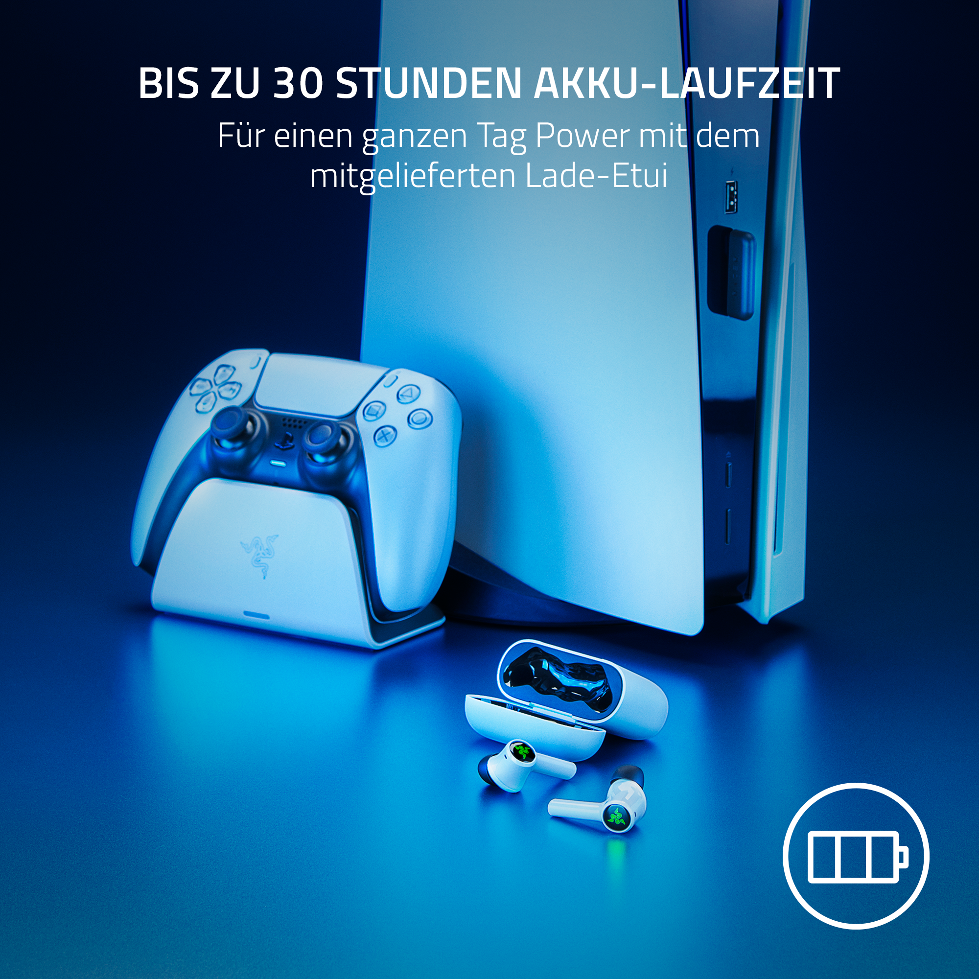 Gaming-Setup mit Konsole, Controller, Ladestation und Ohrhörern, alles blau beleuchtet.
